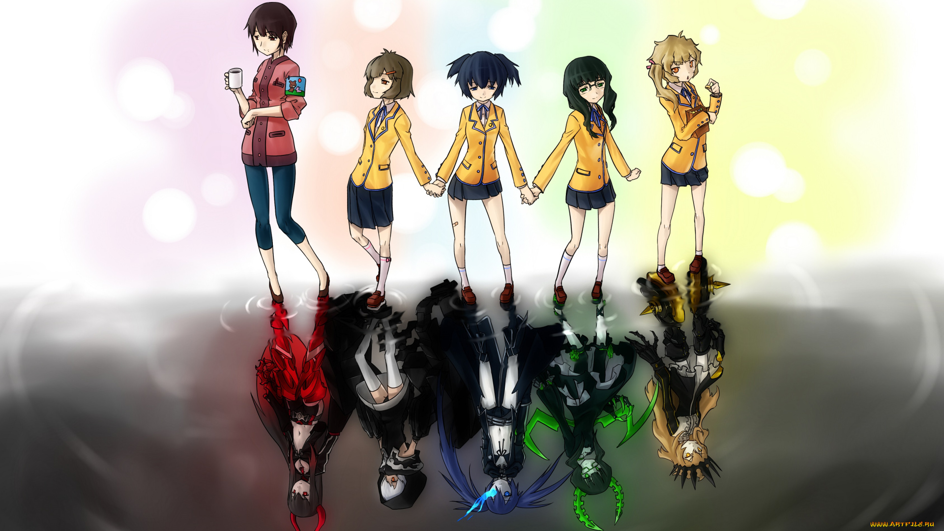 аниме, black, rock, shooter, izuriha, kagari, irino, saya, takanashi, yomi, отражение, девушки, арт, kuroi, mato, koutari, yuu