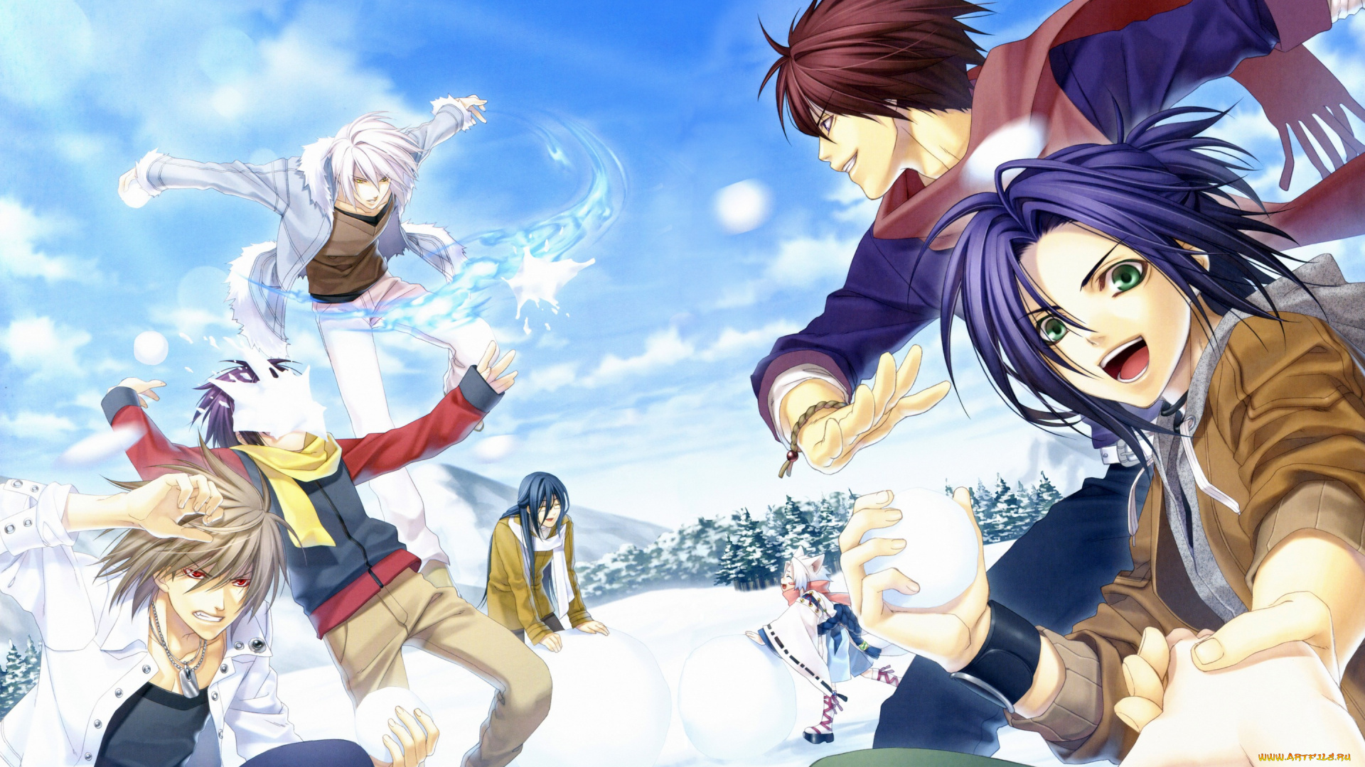 аниме, hiiro, no, kakera, парни, облака, веселье, hiiro, no, kakera, снег, зима, takuma, onizaki, арт, алые, осколки, kutani, ryou, oomi, suguru, shinji, inukai, komura, yuuichi, atori, mahiro, небо, елки