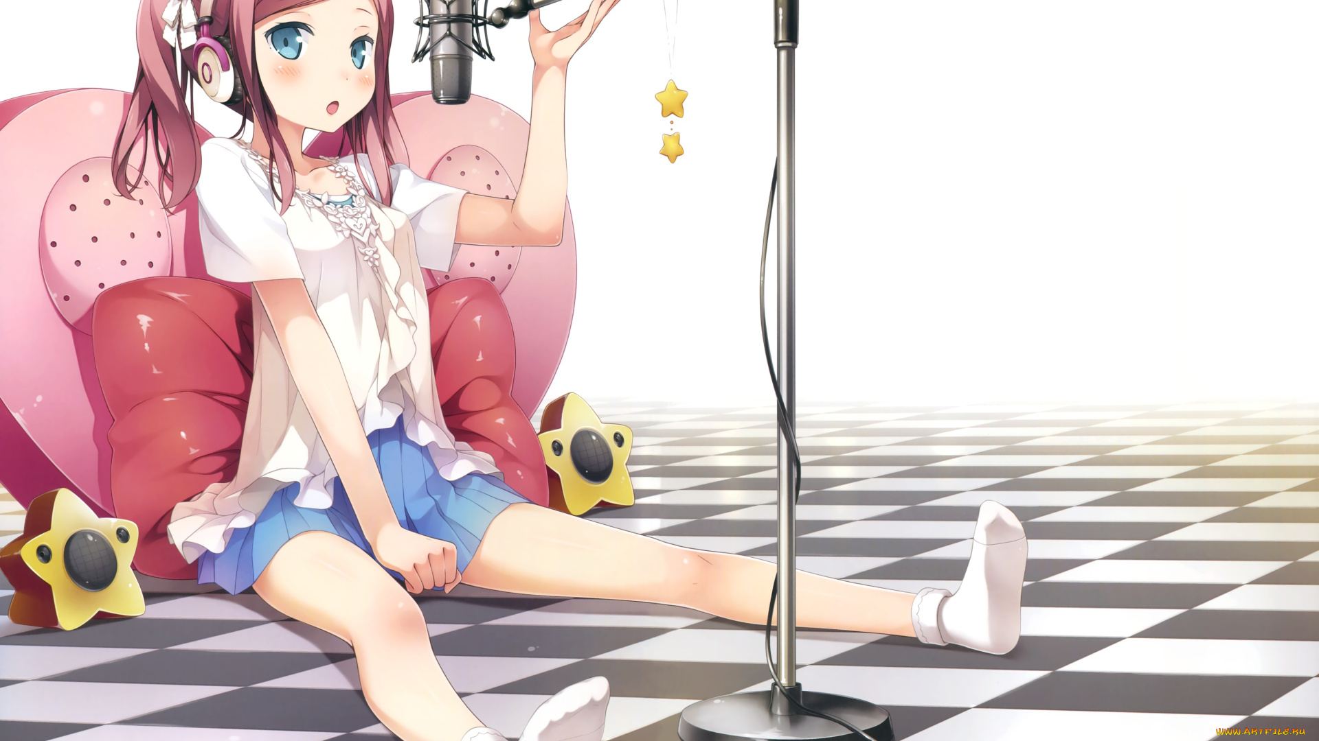 аниме, kantoku, , artbook, микрофон, фон, взгляд, девушка