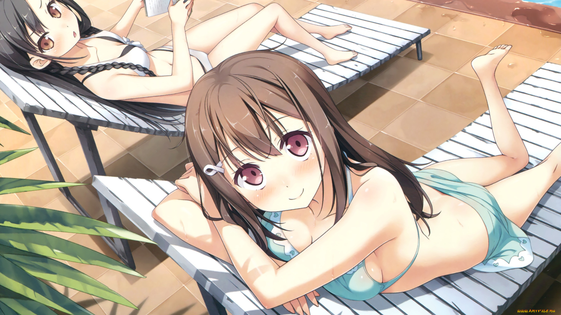 аниме, kantoku, , artbook, шезлонг, фон, взгляд, девушки