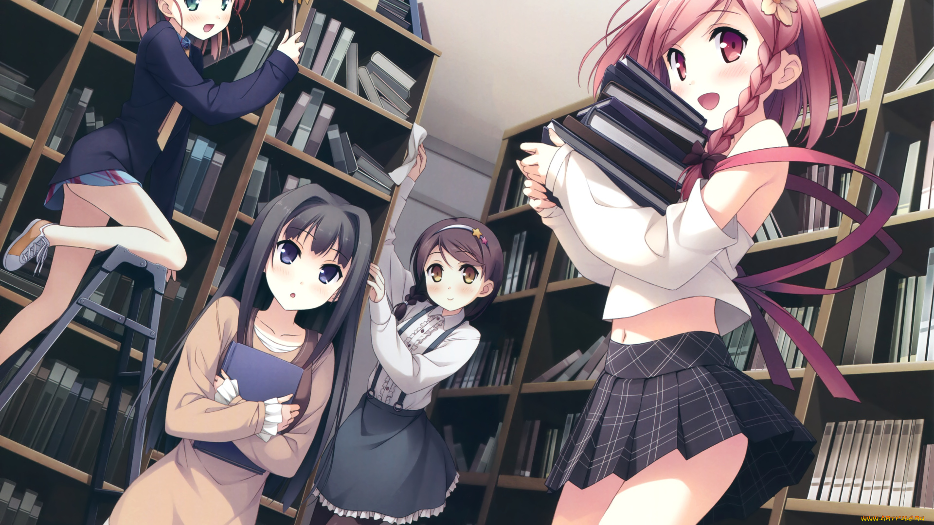 аниме, kantoku, , artbook, взгляд, девушки, книги, фон