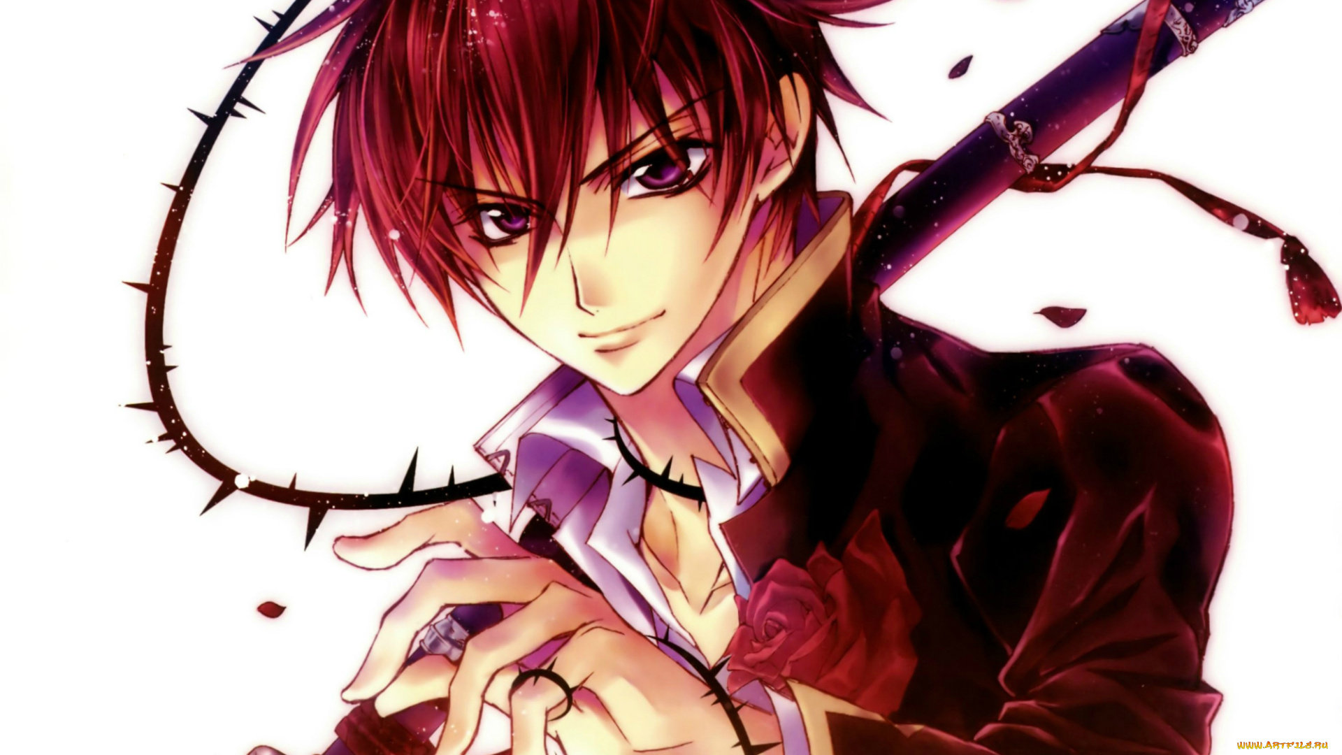 аниме, kiss, of, rose, princess, art, катана, розы, шипы, kaede, higa, aya, shouoto, белый, фон, kiss, of, rose, princess, ножны