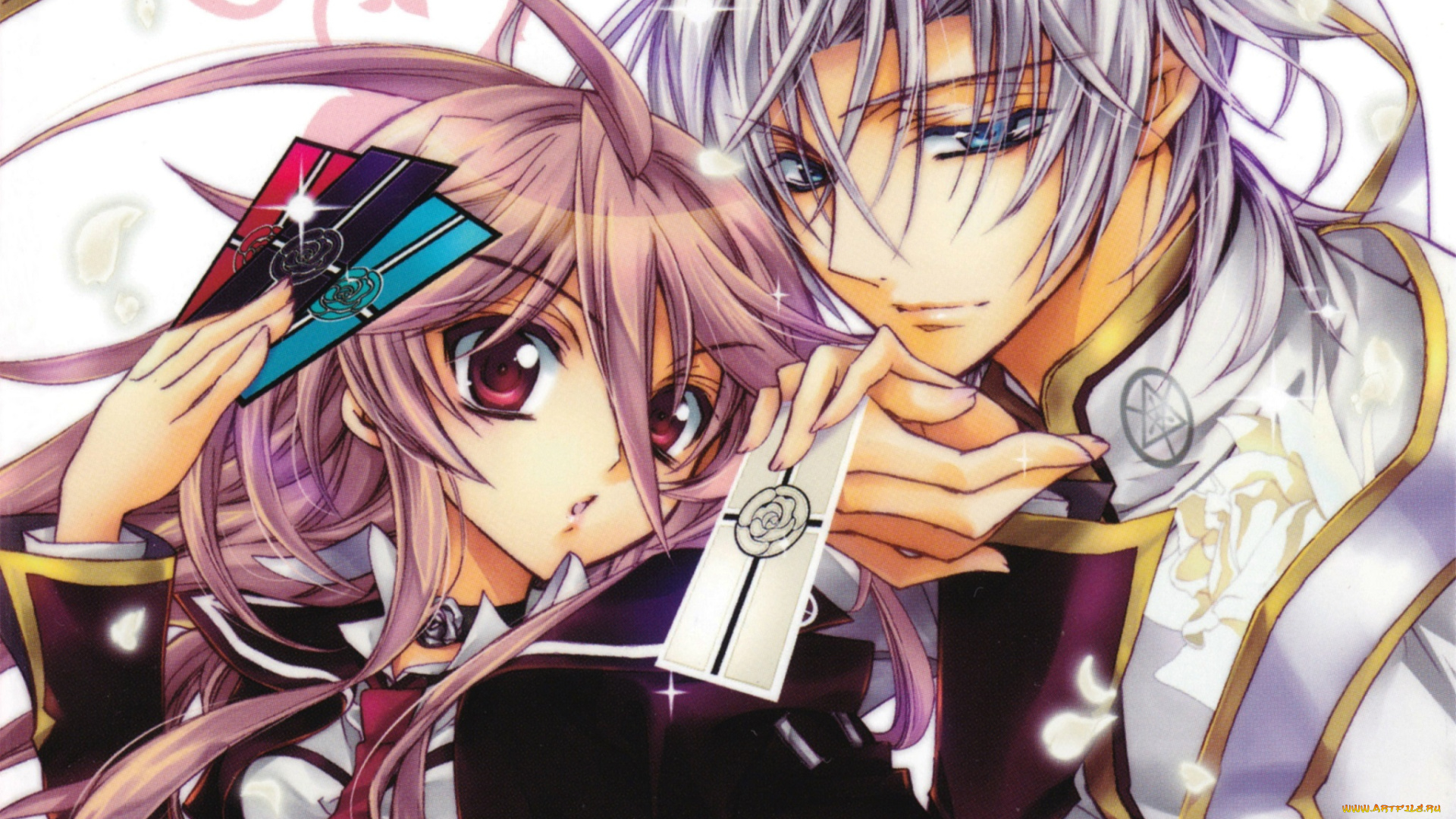 аниме, kiss, of, rose, princess, mitsuru, tenjoh, anise, yumamoto, kiss, of, rose, princess, карточки, aya, shouoto, art, лепестки, белые, волосы, двое