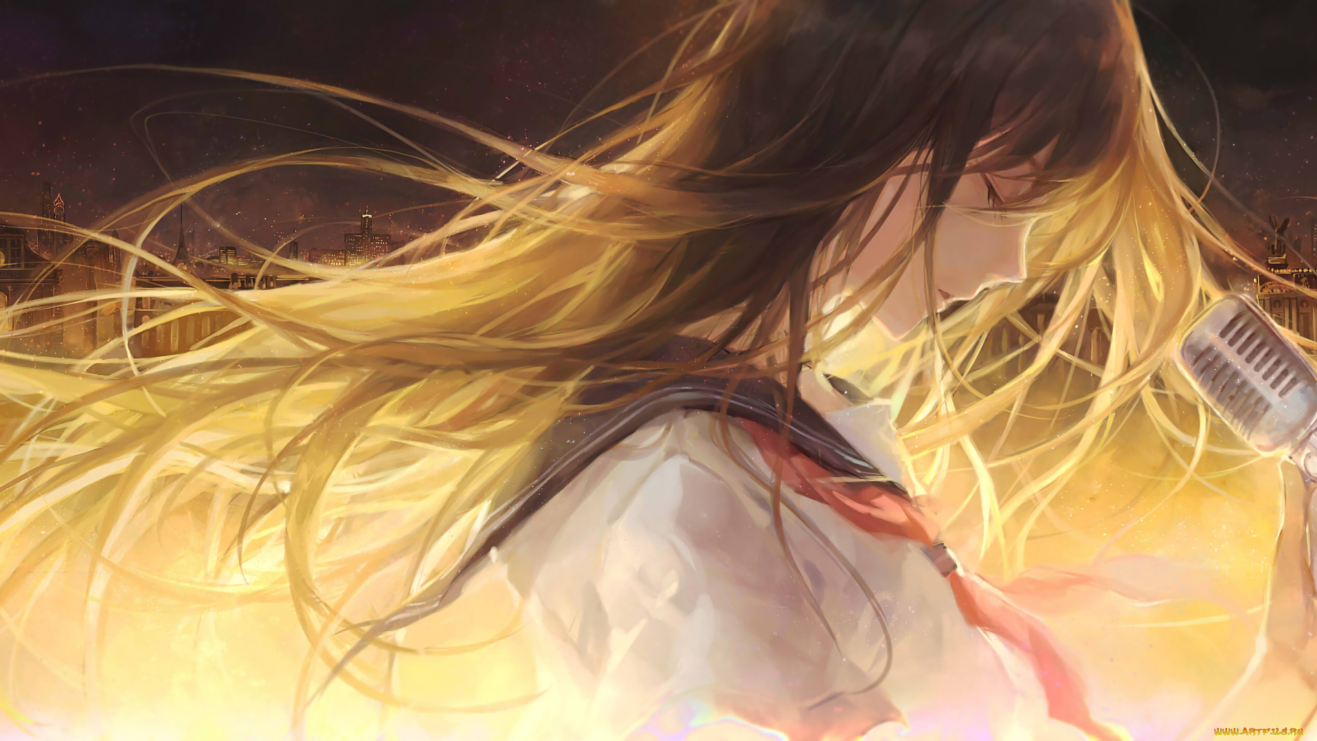 аниме, музыка, микрофон, девушка, moss, 2225028, волосы, город, арт