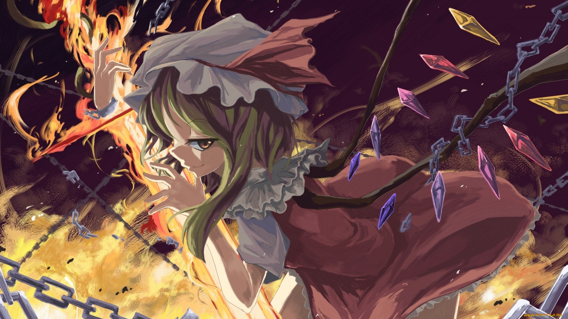 аниме, touhou, оружие, огонь, кристаллы, крылья, чепчик, девушка, арт, flandre, scarlet, sorano, eika