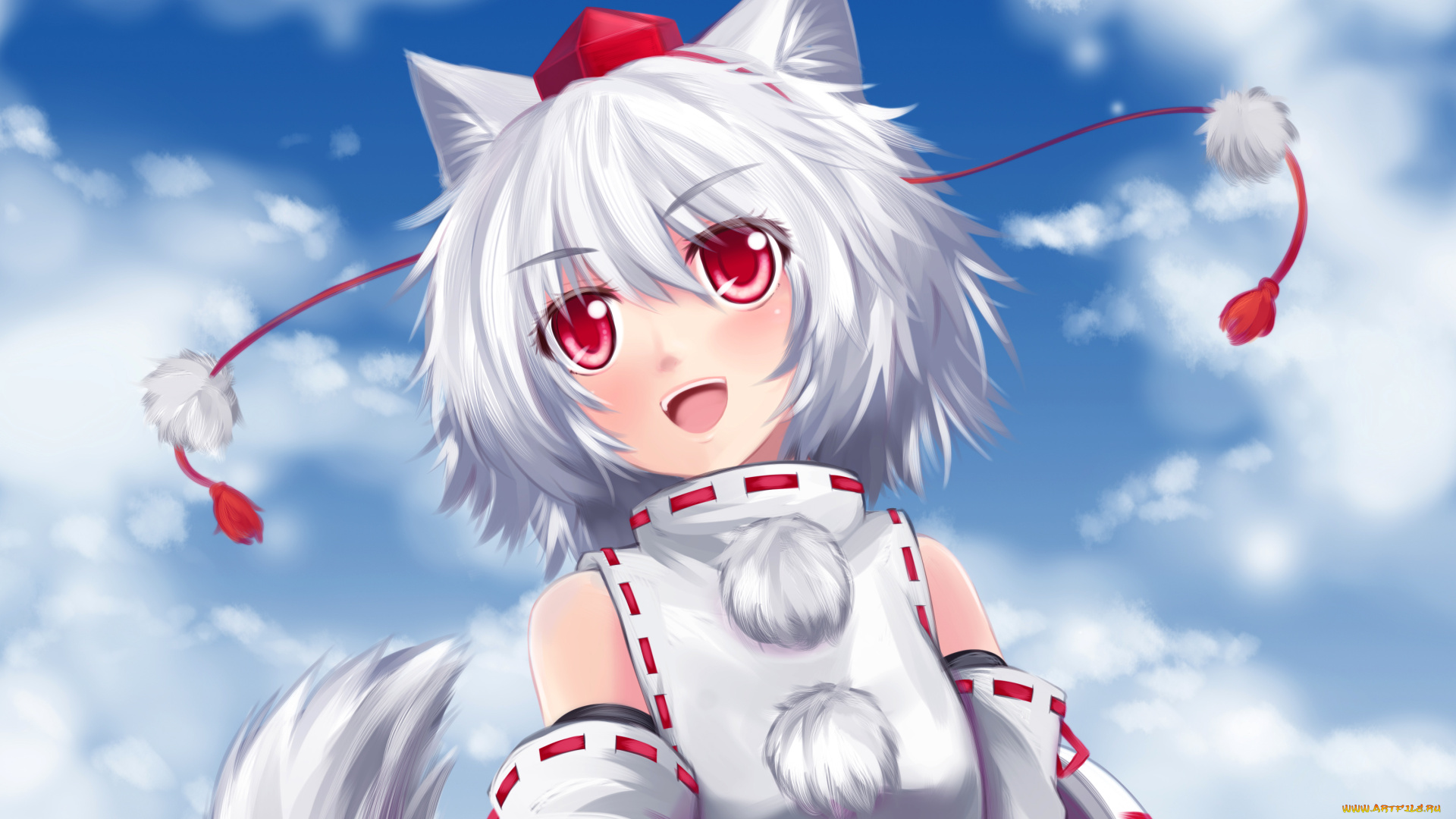 аниме, touhou, радость, langlong, art, хвостик, ушки, неко, смущение, настроение, inubashiri, momiji, девушка