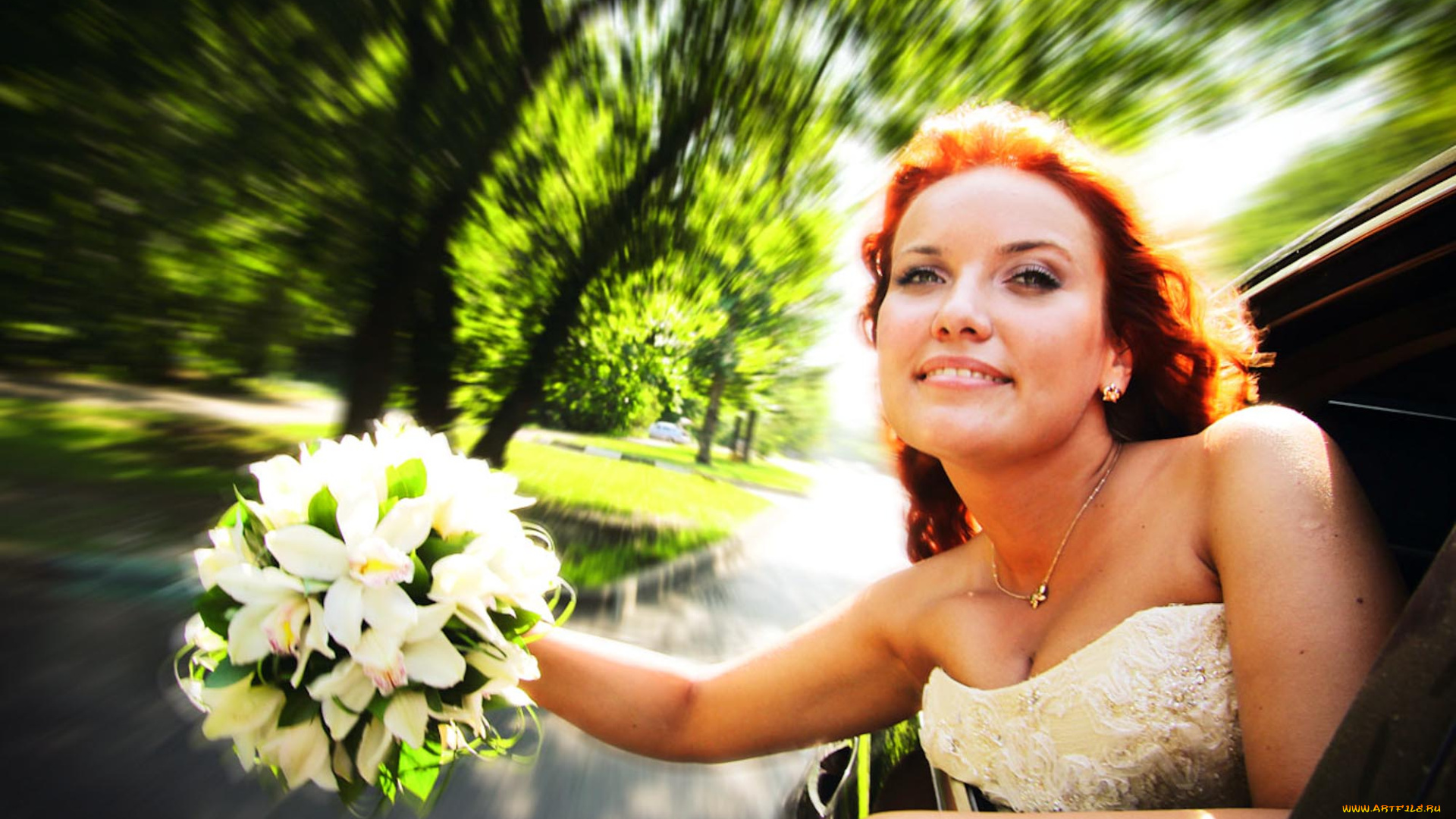 девушки, -unsort, , рыжеволосые, и, другие, невеста, скорость, букет, машина, окно, улыбка