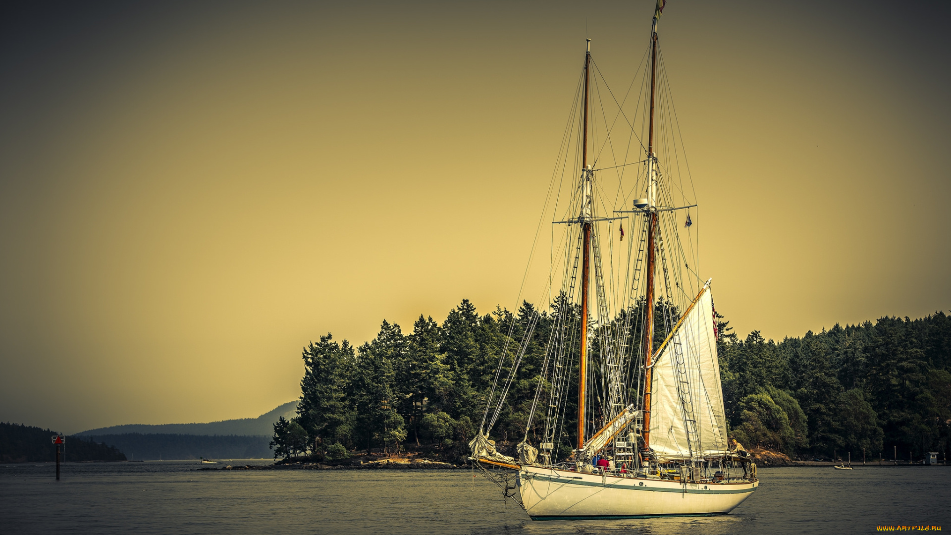 корабли, парусники, мачты, паруса, река