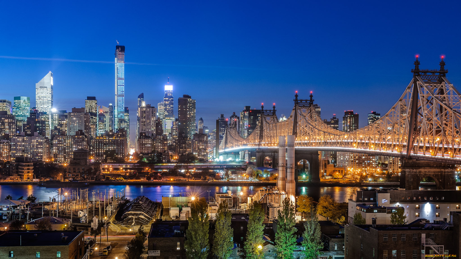 midtown, manhattan, -, new, york, , ny, города, нью-йорк, , сша, небоскребы, огни, ночь, мост