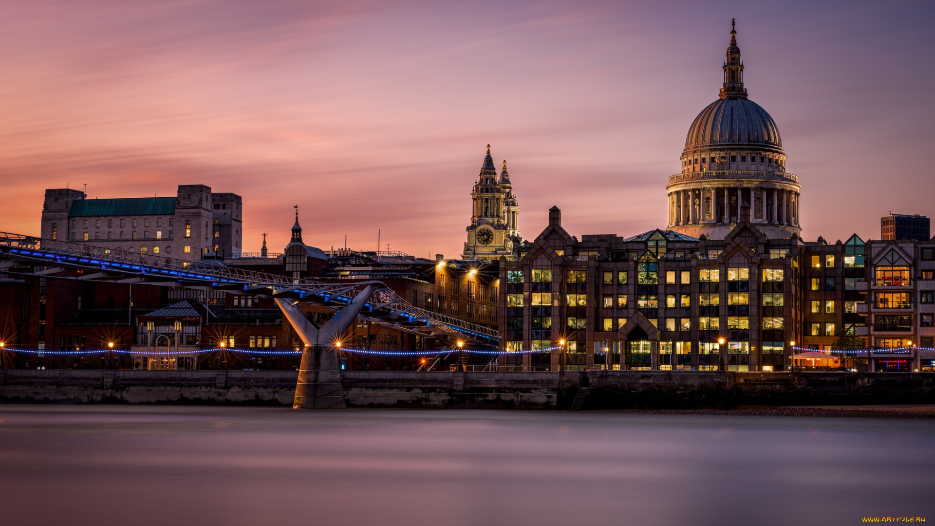 millennium, bridge, города, лондон, , великобритания, собор, мост, река, ночь