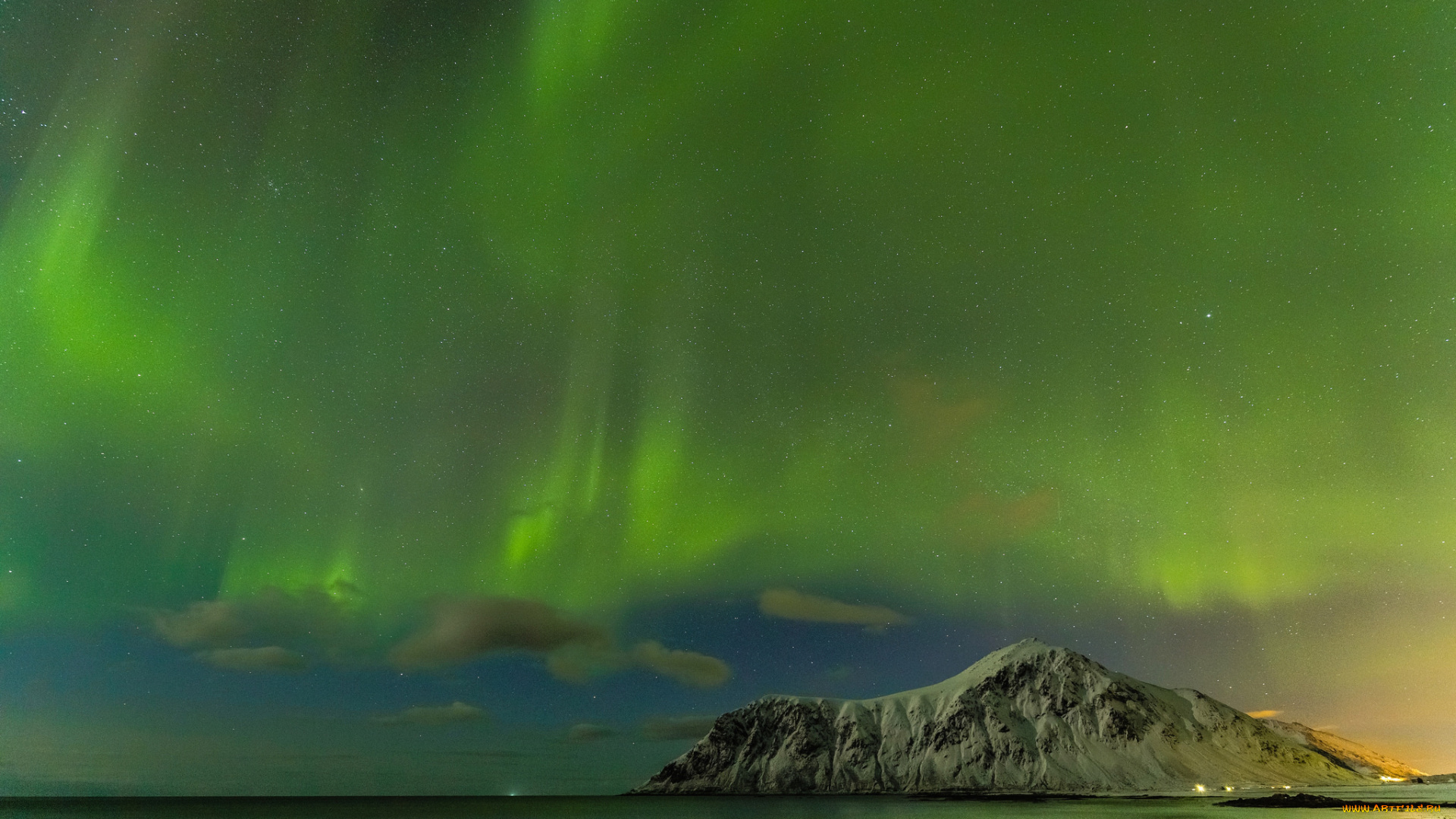 природа, северное, сияние, море, звезды, ночь, горы, северное, сияние, исландия