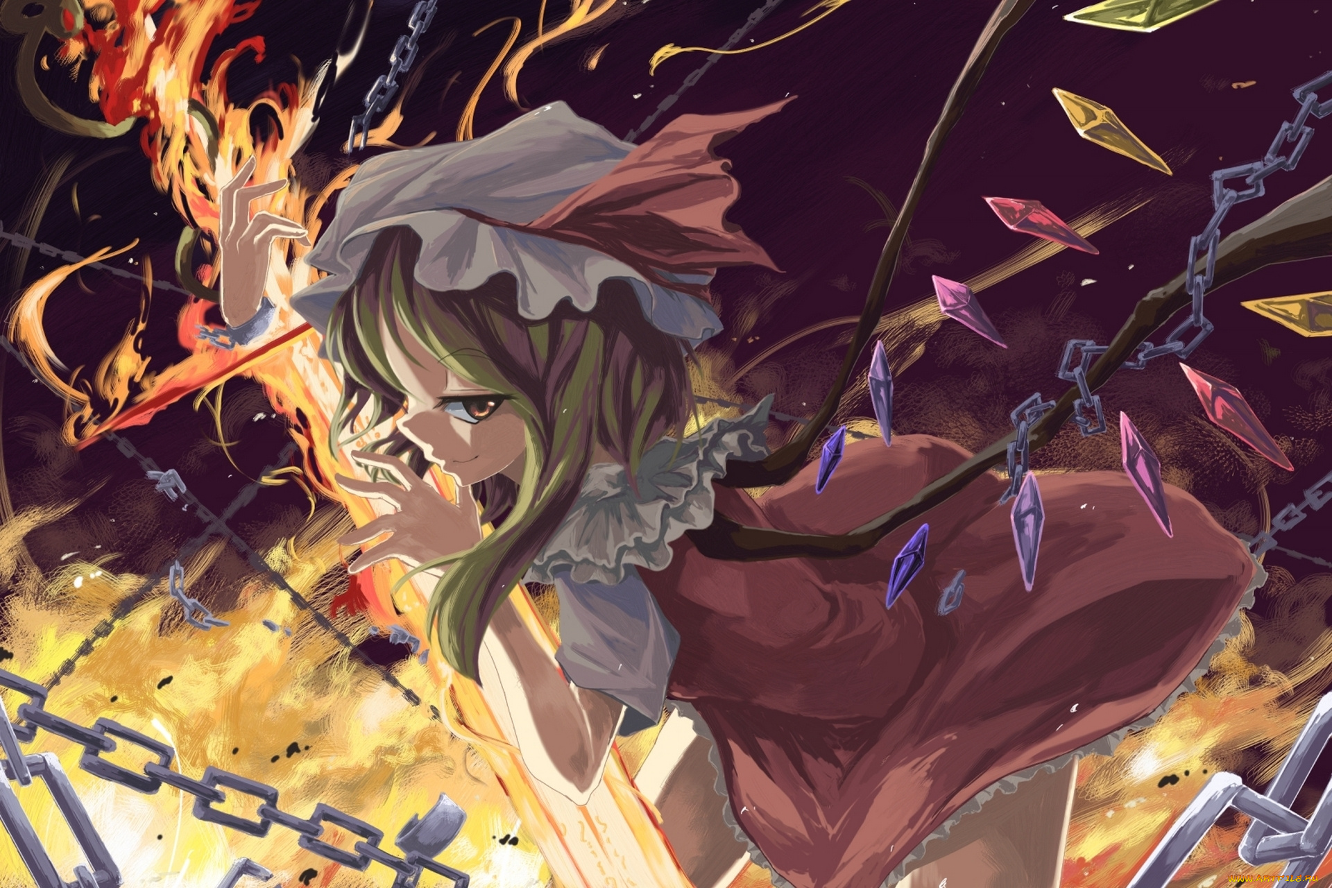 аниме, touhou, оружие, огонь, кристаллы, крылья, чепчик, девушка, арт, flandre, scarlet, sorano, eika