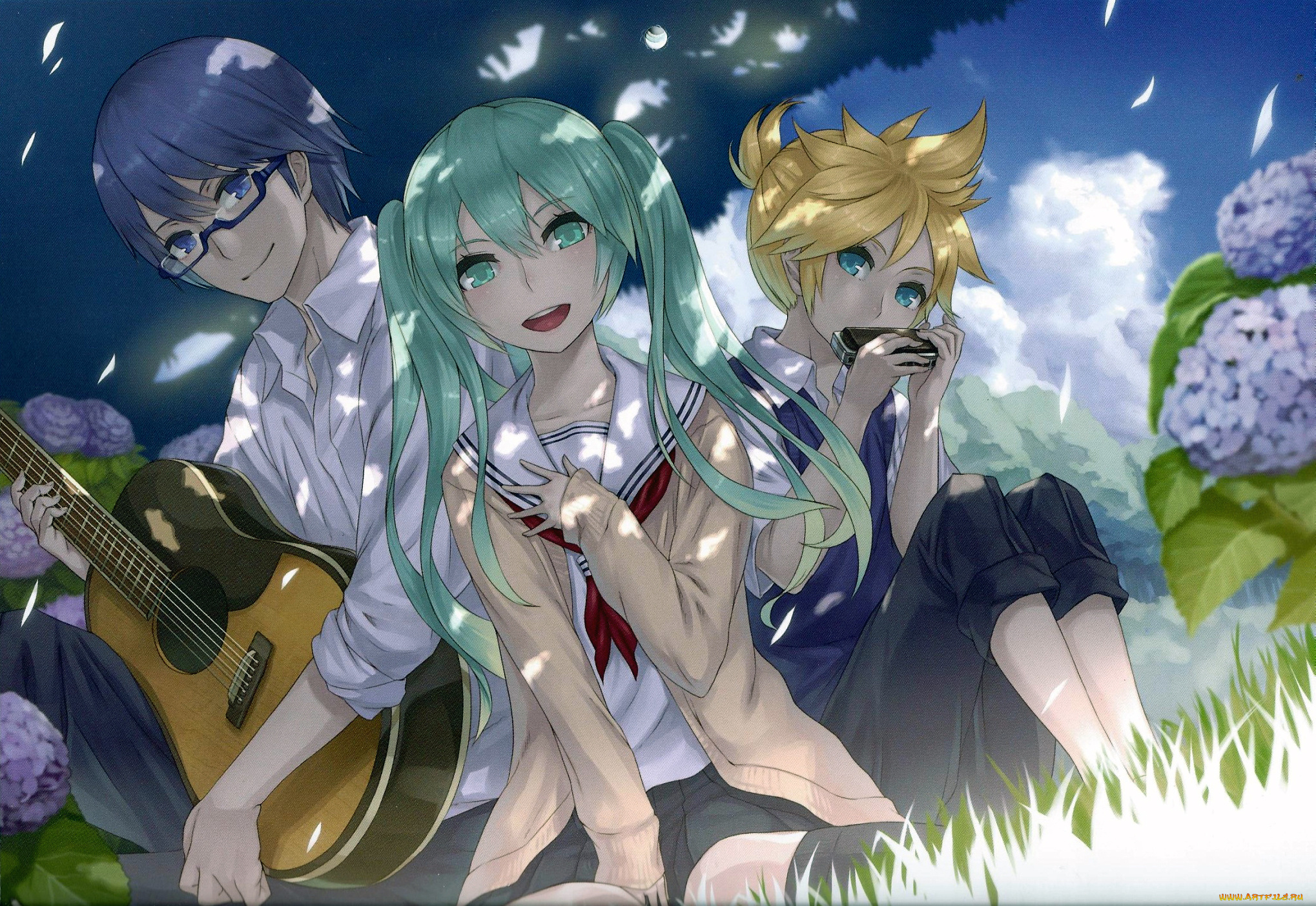 аниме, vocaloid, hatsune, miku, девушка, art, 2d, настроение, вокалоид, kaito, kagamine, len, парни, губная, гармошка, гитара, радость
