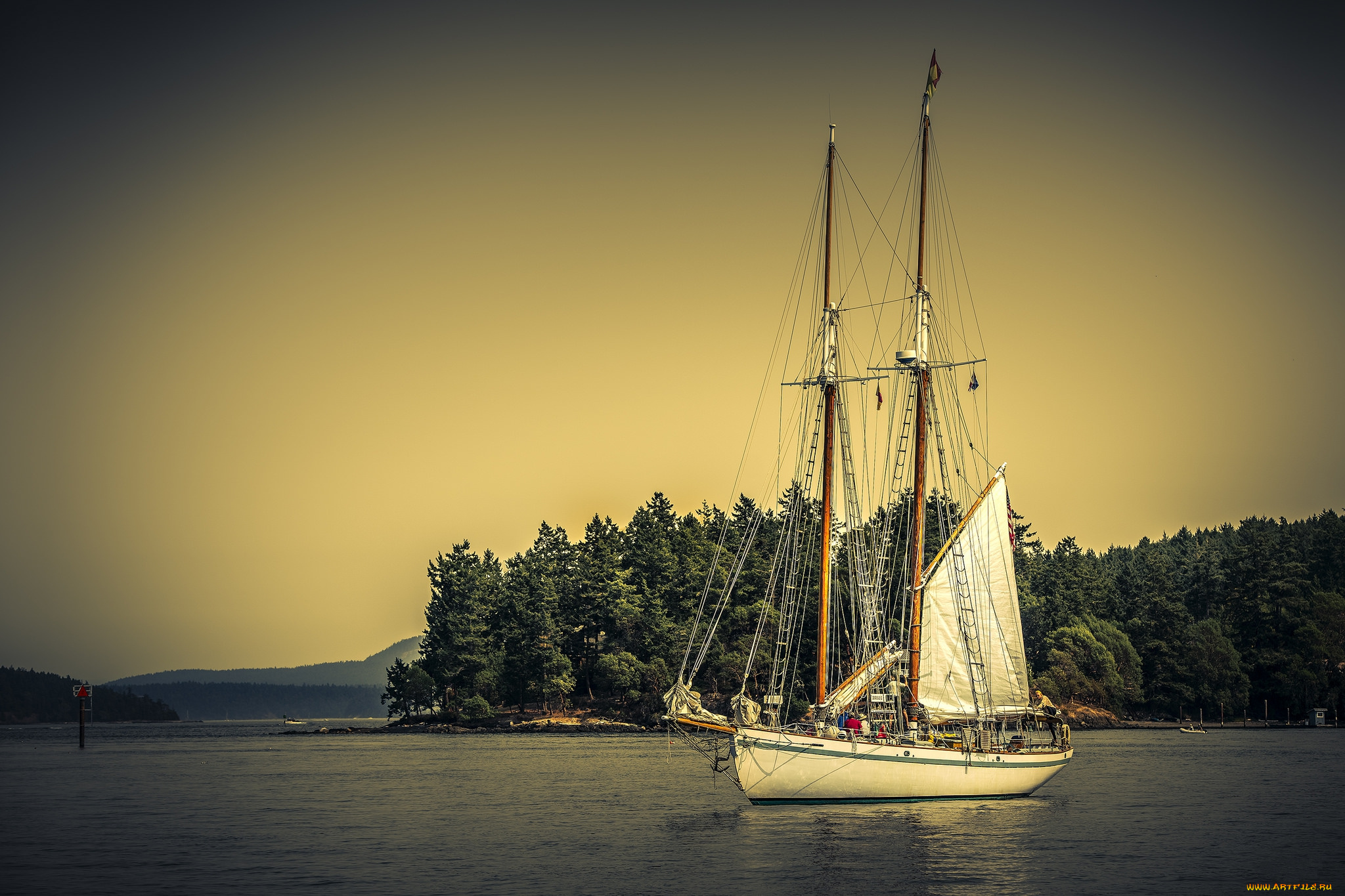 корабли, парусники, мачты, паруса, река