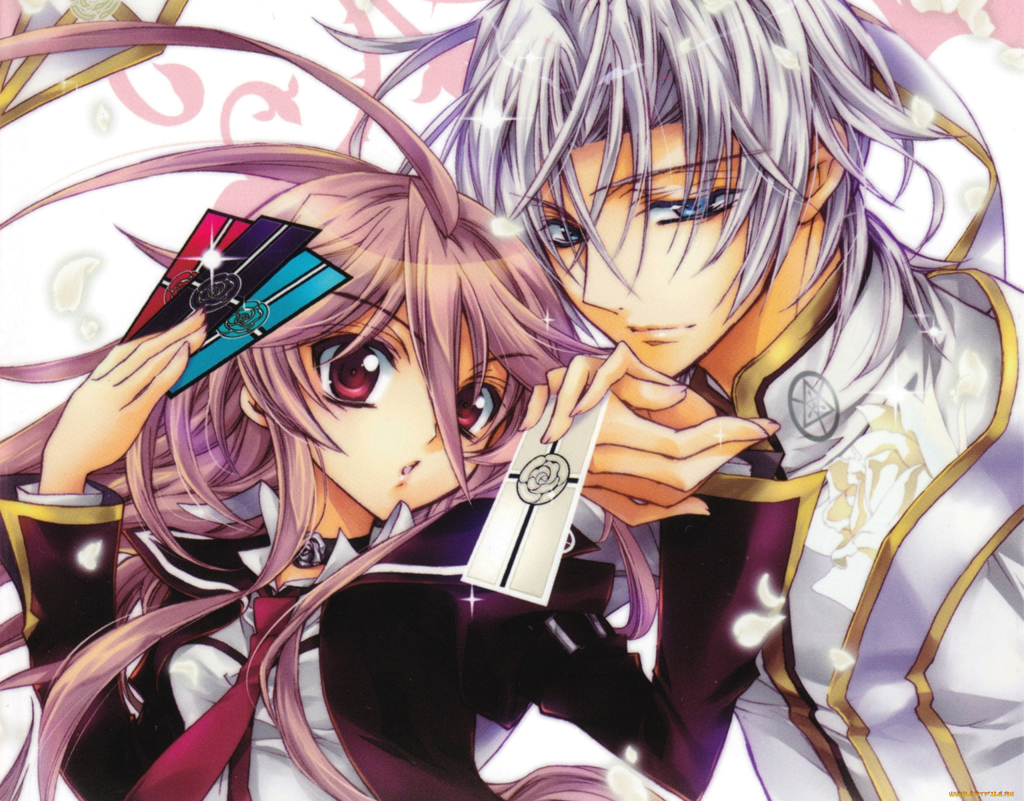 аниме, kiss, of, rose, princess, mitsuru, tenjoh, anise, yumamoto, kiss, of, rose, princess, карточки, aya, shouoto, art, лепестки, белые, волосы, двое