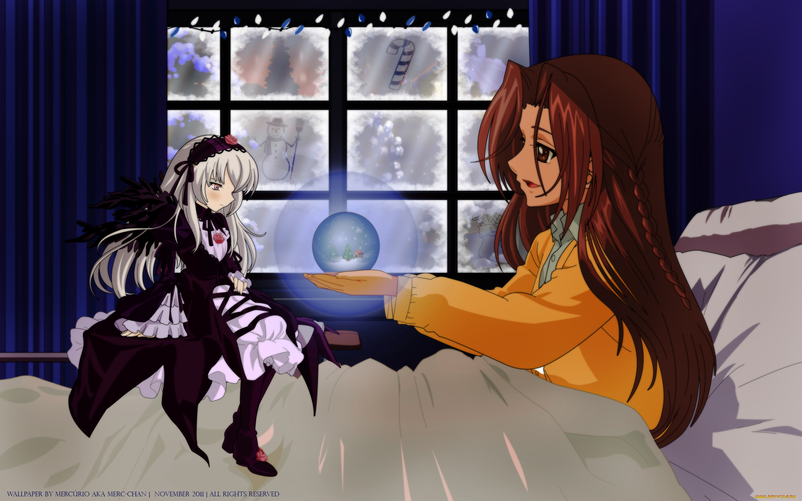 аниме, rozen, maiden, suigintou, rozen, maiden, ночь, зима, окно, снеговик, девушки
