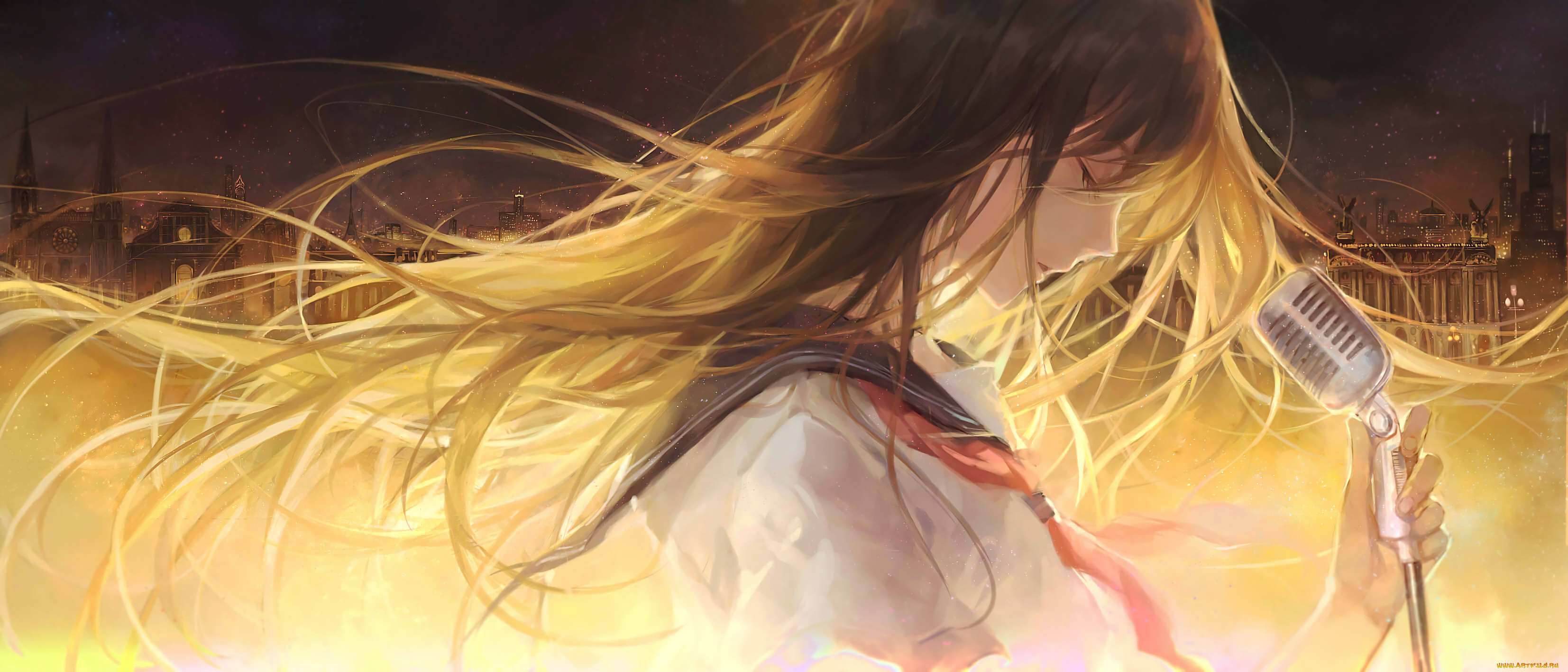 аниме, музыка, микрофон, девушка, moss, 2225028, волосы, город, арт