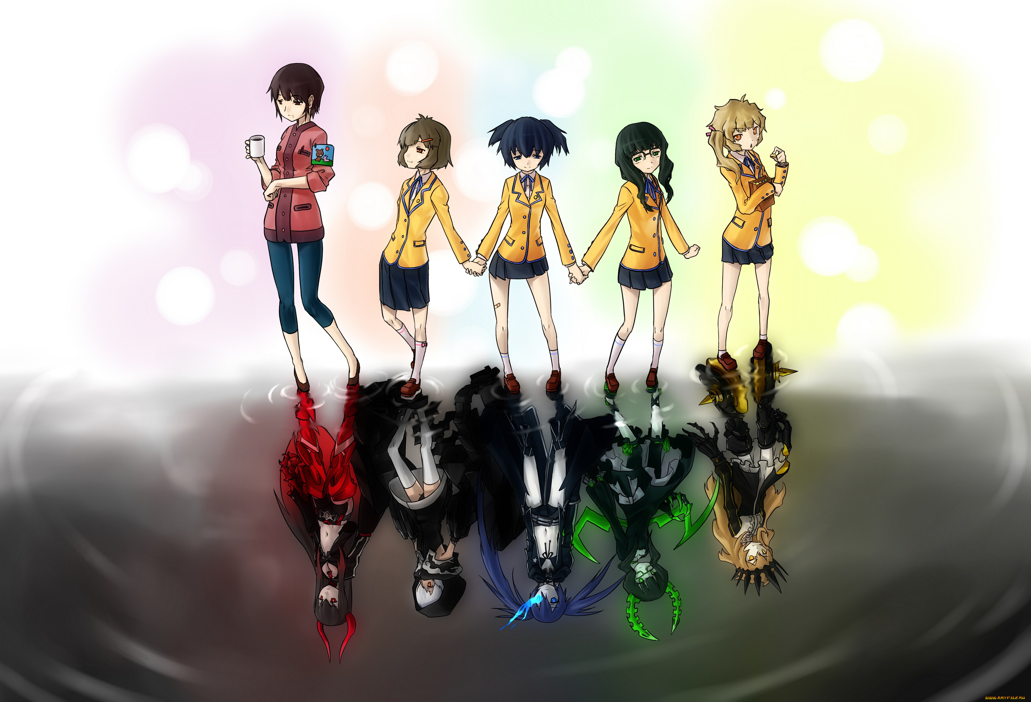 аниме, black, rock, shooter, izuriha, kagari, irino, saya, takanashi, yomi, отражение, девушки, арт, kuroi, mato, koutari, yuu