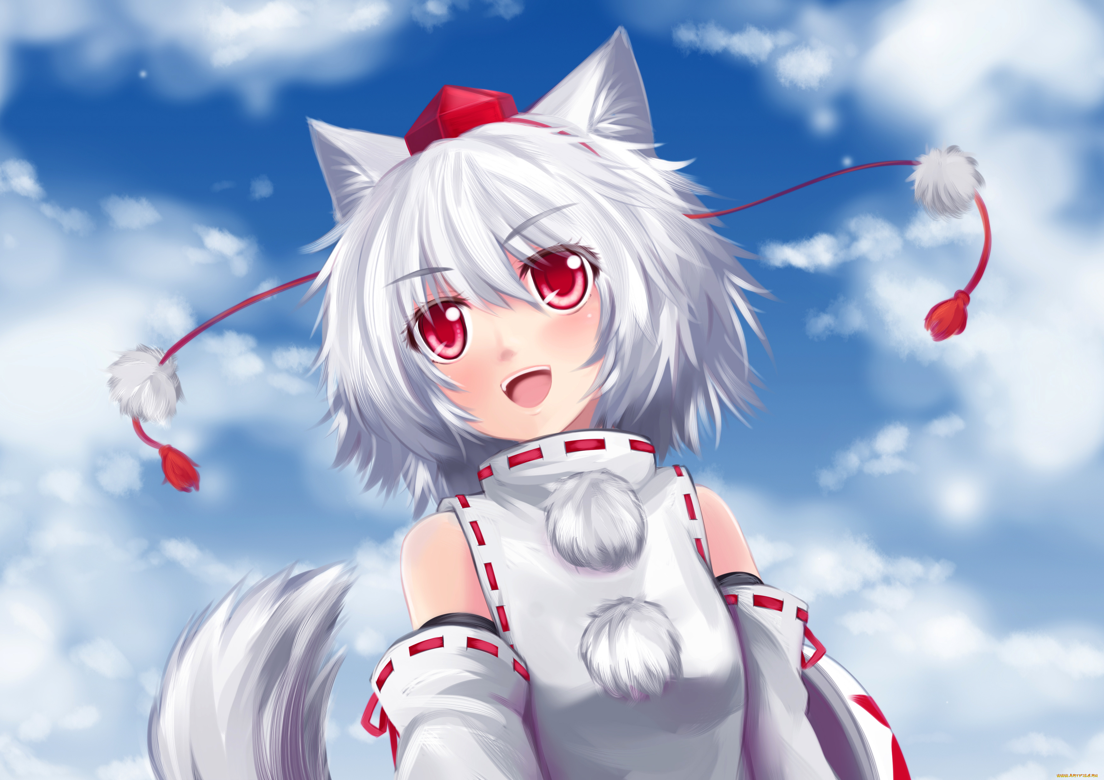 аниме, touhou, радость, langlong, art, хвостик, ушки, неко, смущение, настроение, inubashiri, momiji, девушка