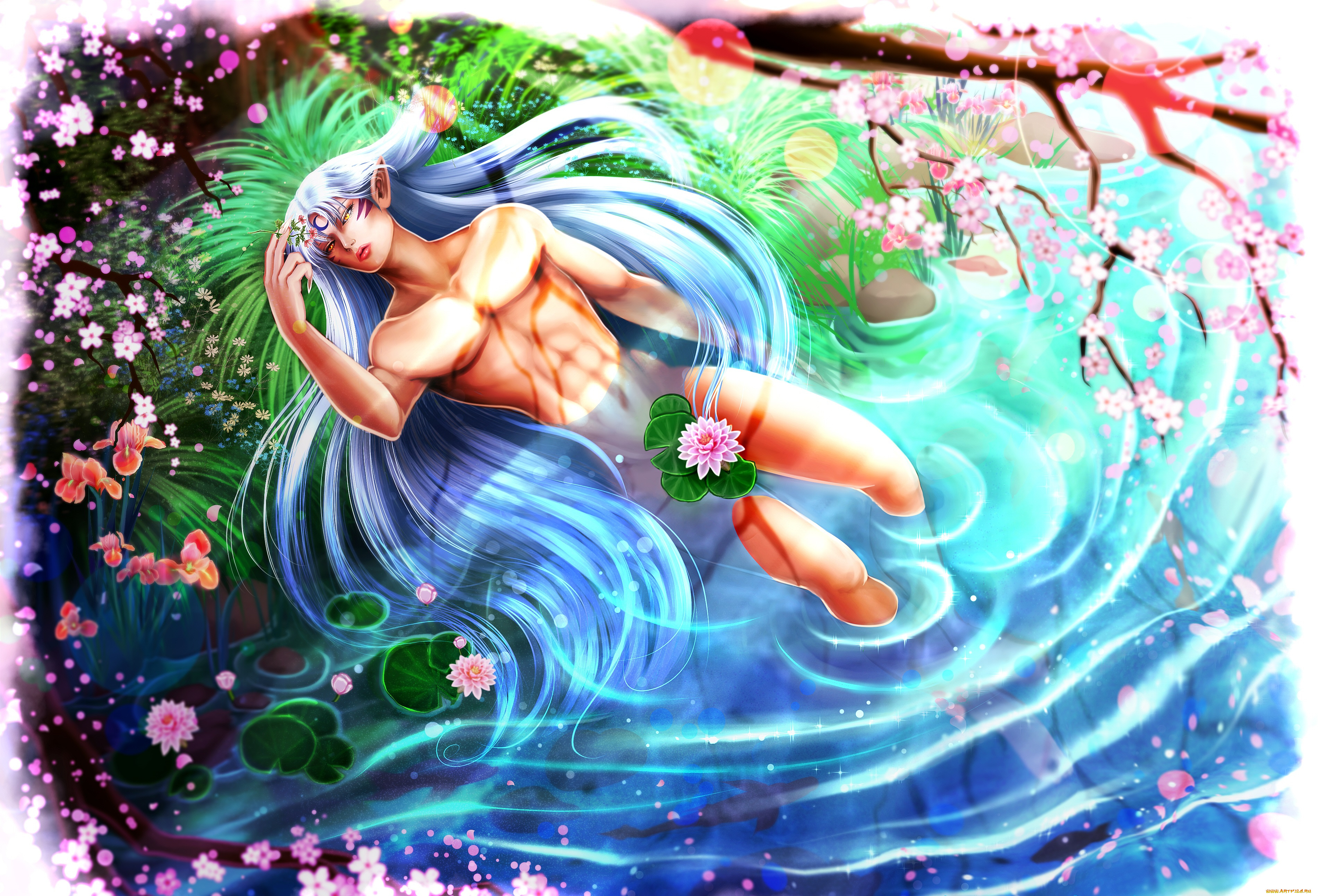 разное, арты, арт, аниме, инуяша, сешемару, демон-пёс, озеро, кувшинки, парень, секси