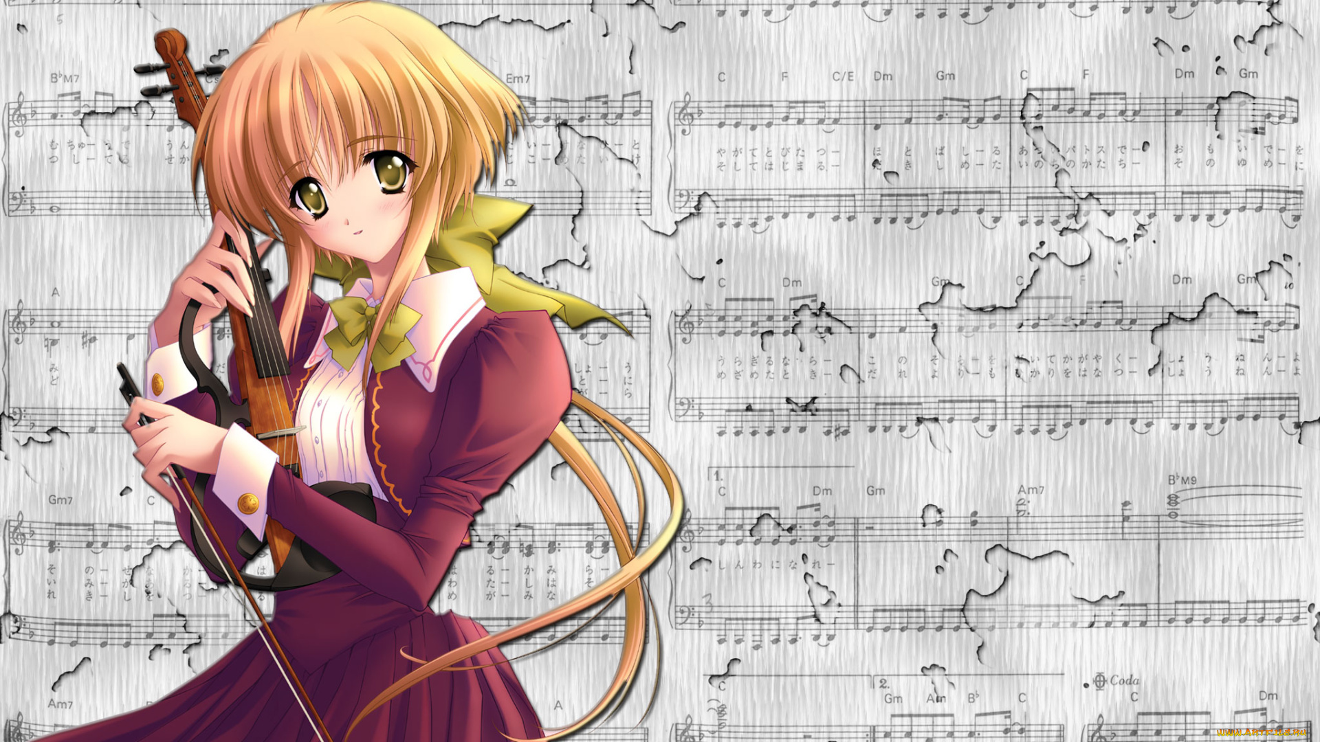 аниме, музыка, девушка, взгляд, фон