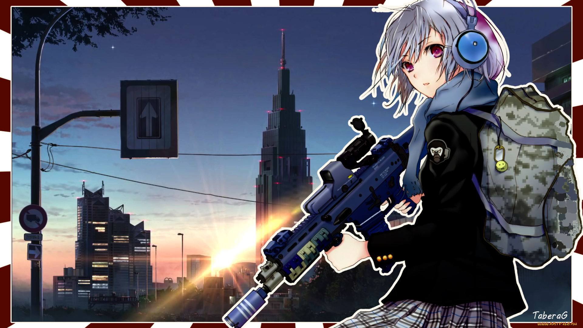 аниме, оружие, , техника, , технологии, девушка, взгляд, фон