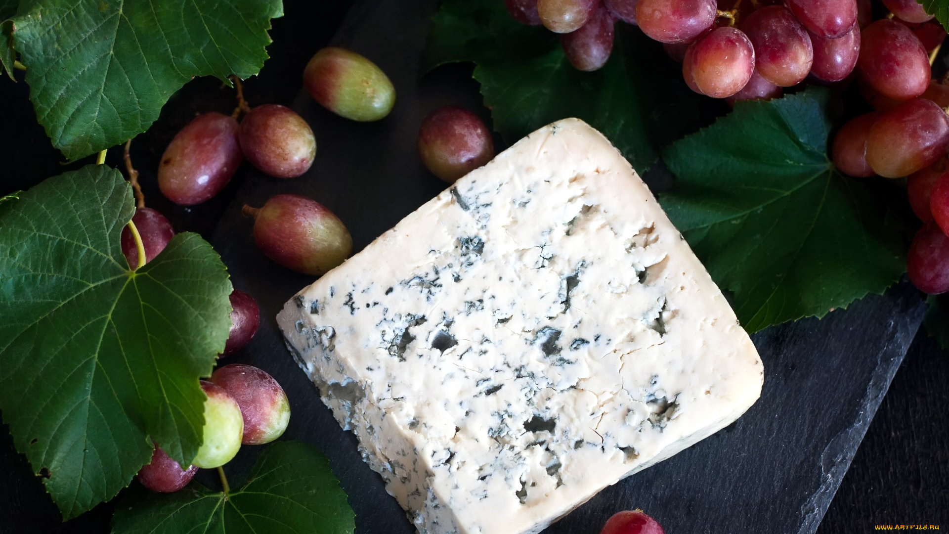 еда, сырные, изделия, листья, виноград, сыр