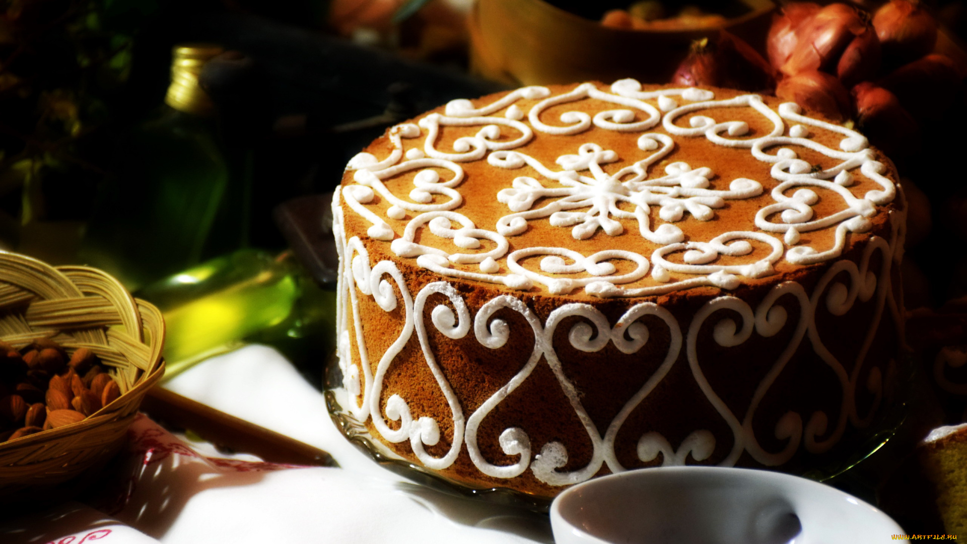 еда, торты, рисунок, красивый, орехи, миндаль