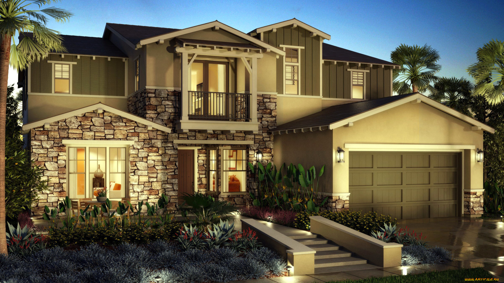 города, -, здания, , дома, гараж, дом, балкон, клумбы