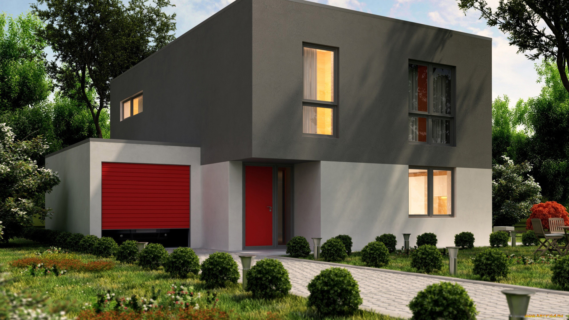 города, -, здания, , дома, гараж, оригинальный, кусты, дом