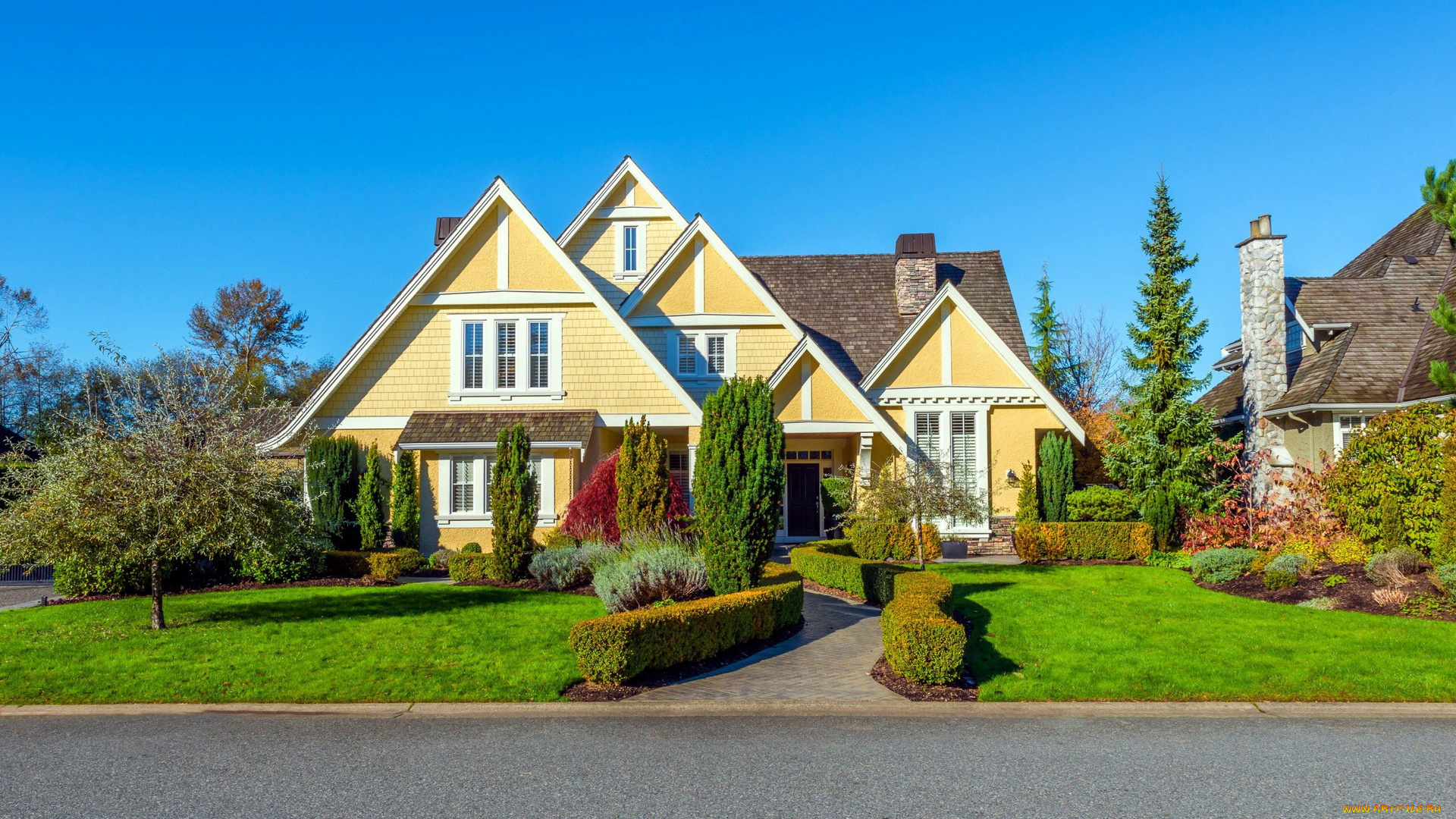 города, -, здания, , дома, кусты, деревья, лужайка, дом