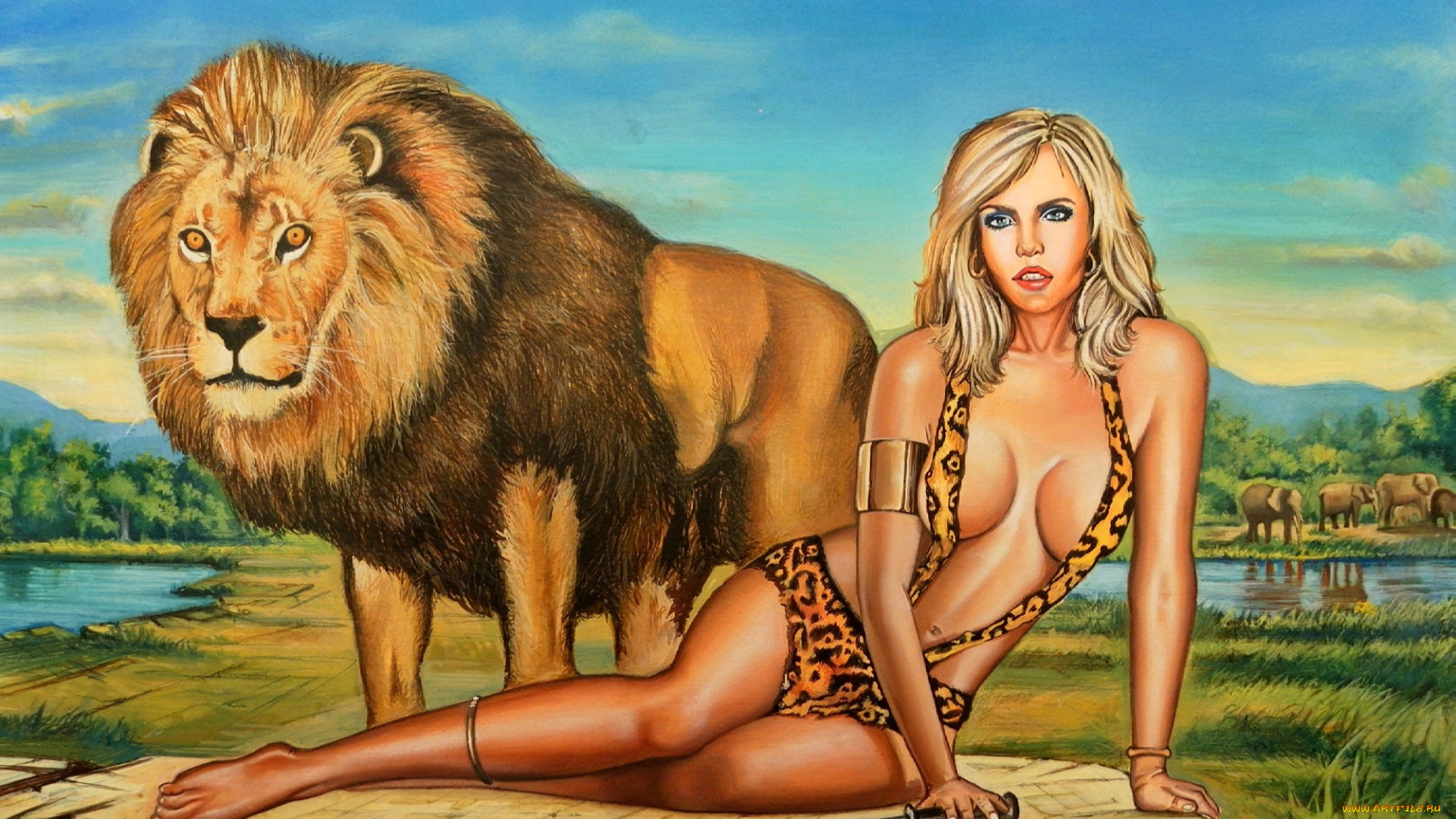 рисованное, комиксы, слон, лев, фон, девушка, взгляд, кинжал