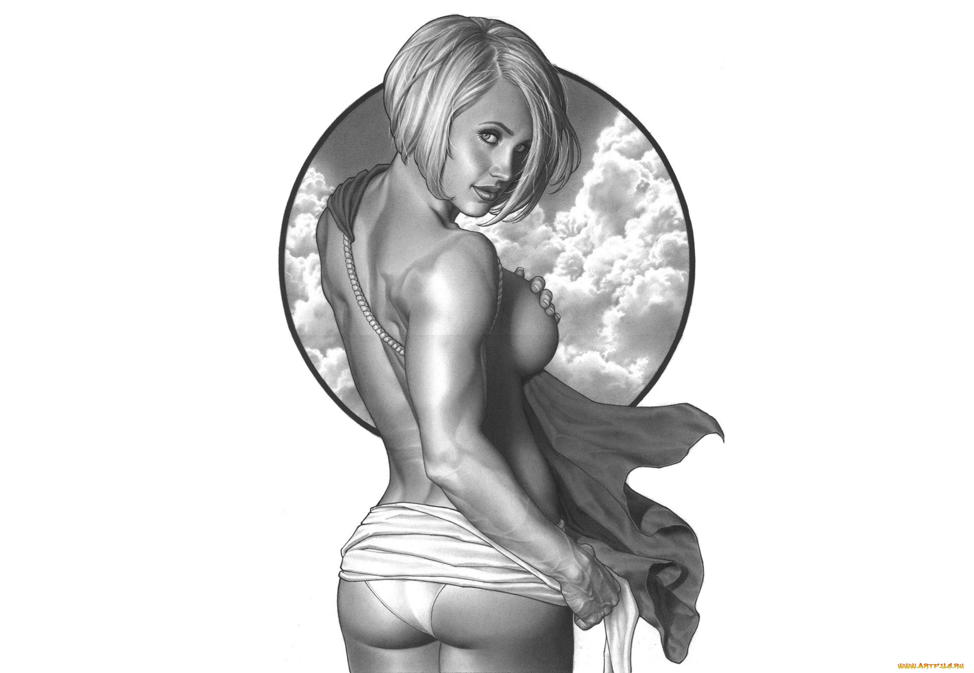 рисованное, люди, небо, взгляд, фон, девушка