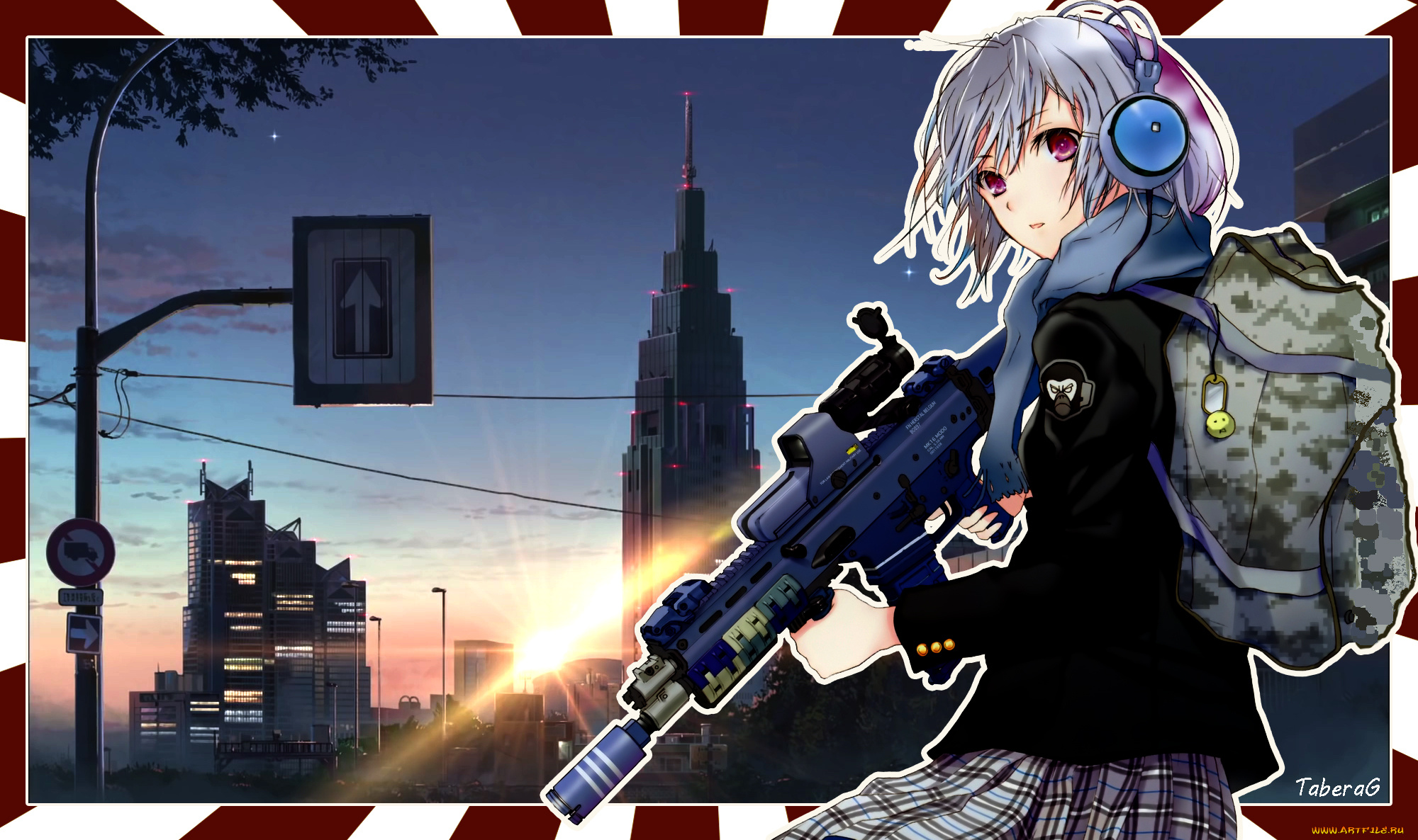 аниме, оружие, , техника, , технологии, девушка, взгляд, фон