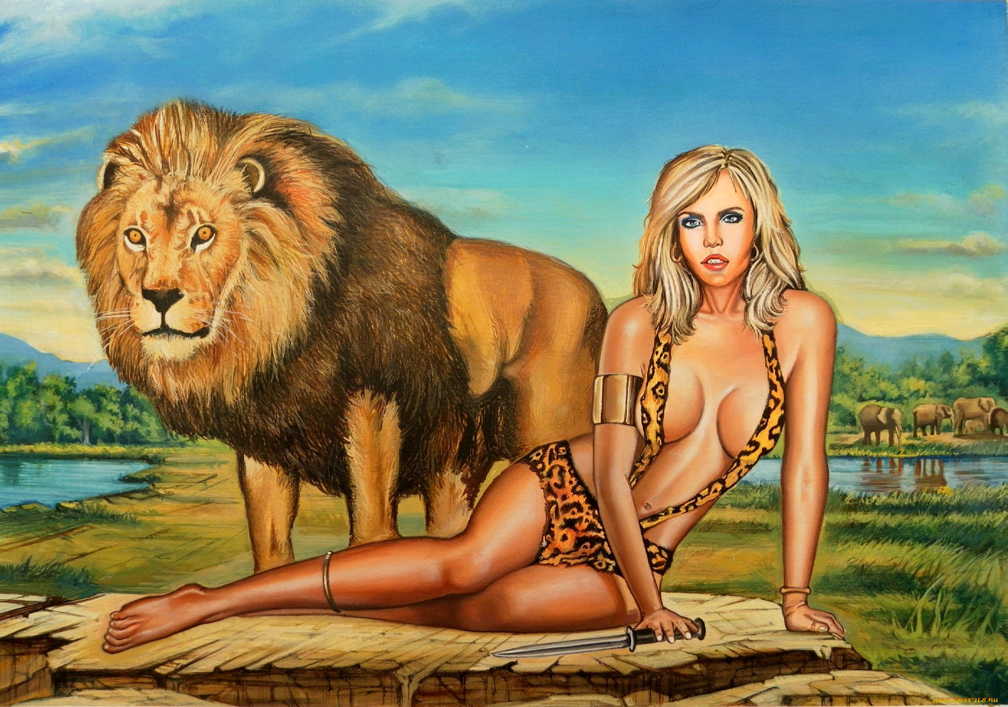 рисованное, комиксы, слон, лев, фон, девушка, взгляд, кинжал