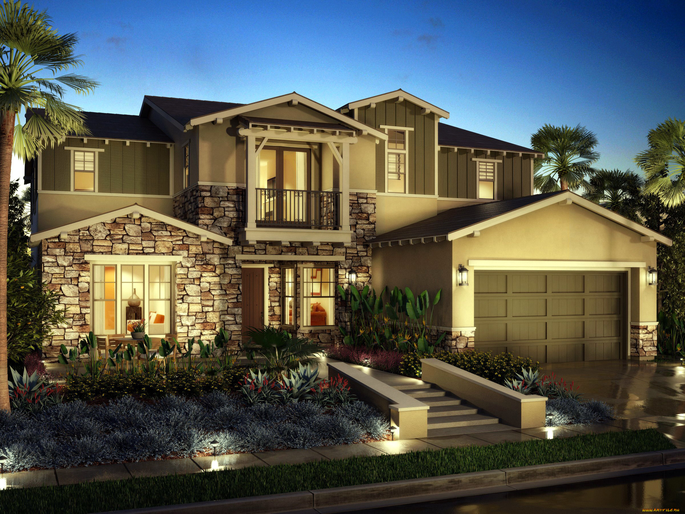 города, -, здания, , дома, гараж, дом, балкон, клумбы