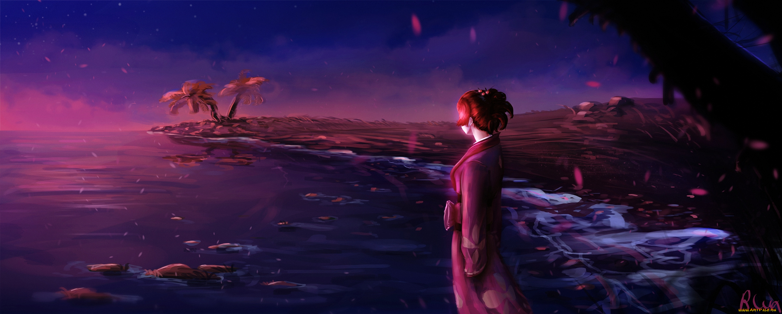 аниме, samurai, champloo, fuu, девушка, кимоно, пальмы, вода, берег