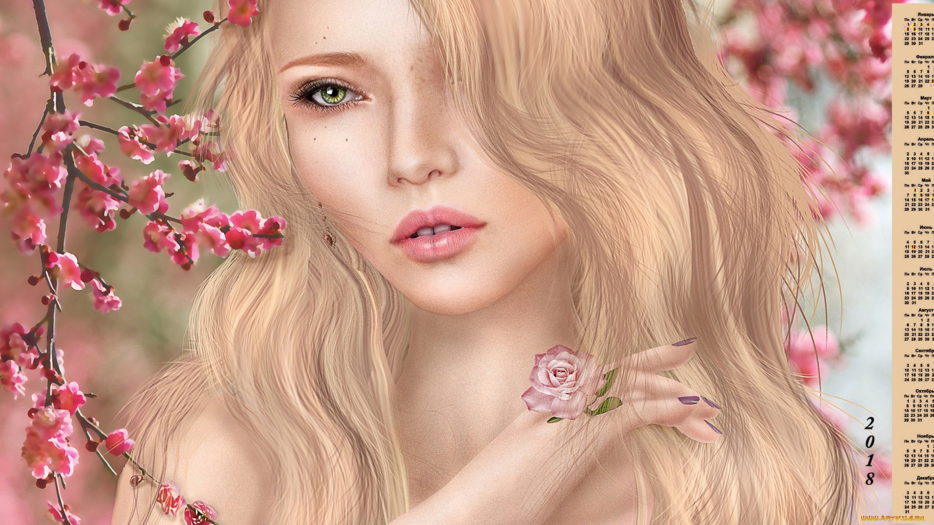 календари, рисованные, , векторная, графика, ветка, лицо, цветы, взгляд, девушка, 2018