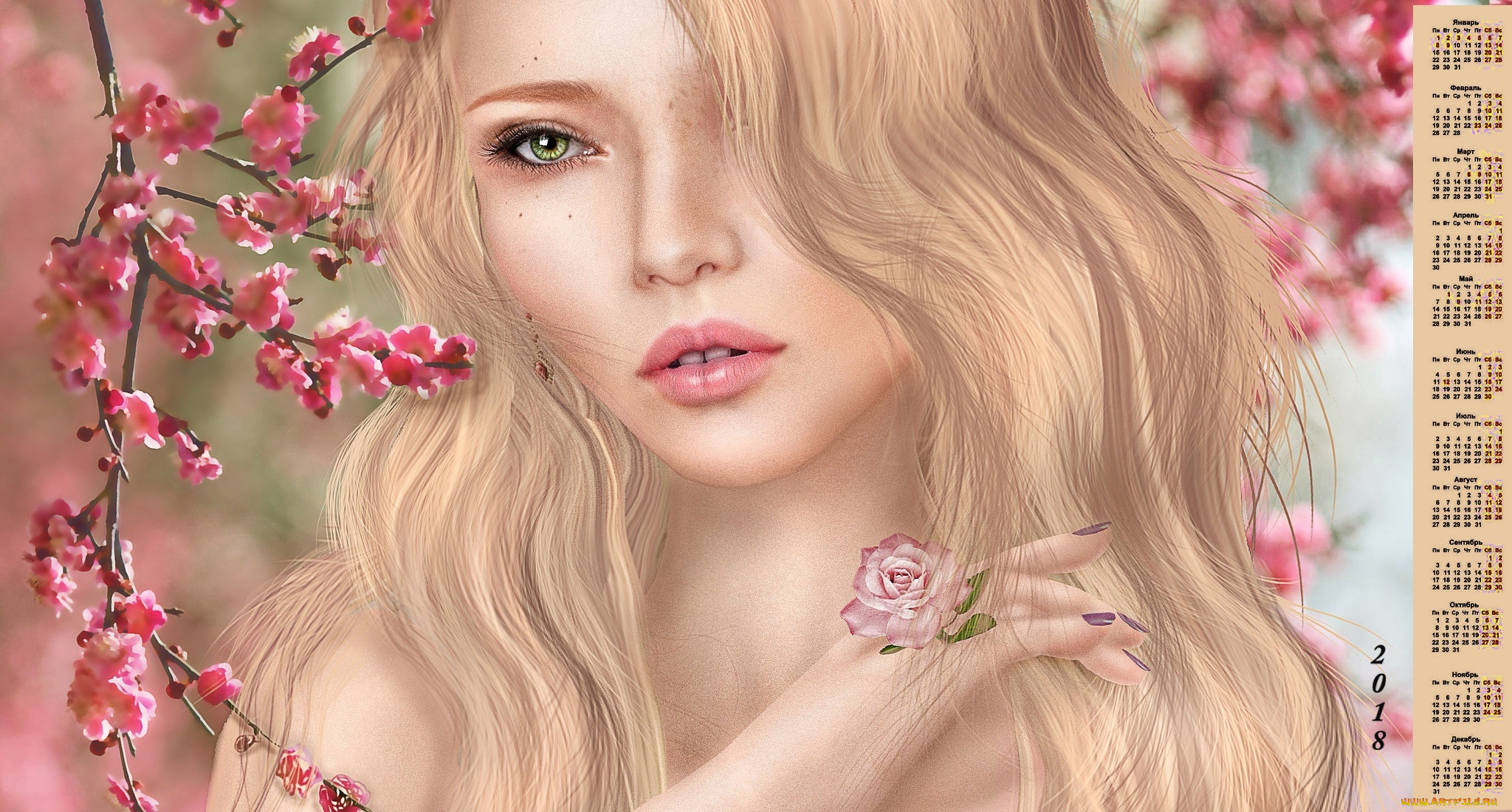 календари, рисованные, , векторная, графика, ветка, лицо, цветы, взгляд, девушка, 2018