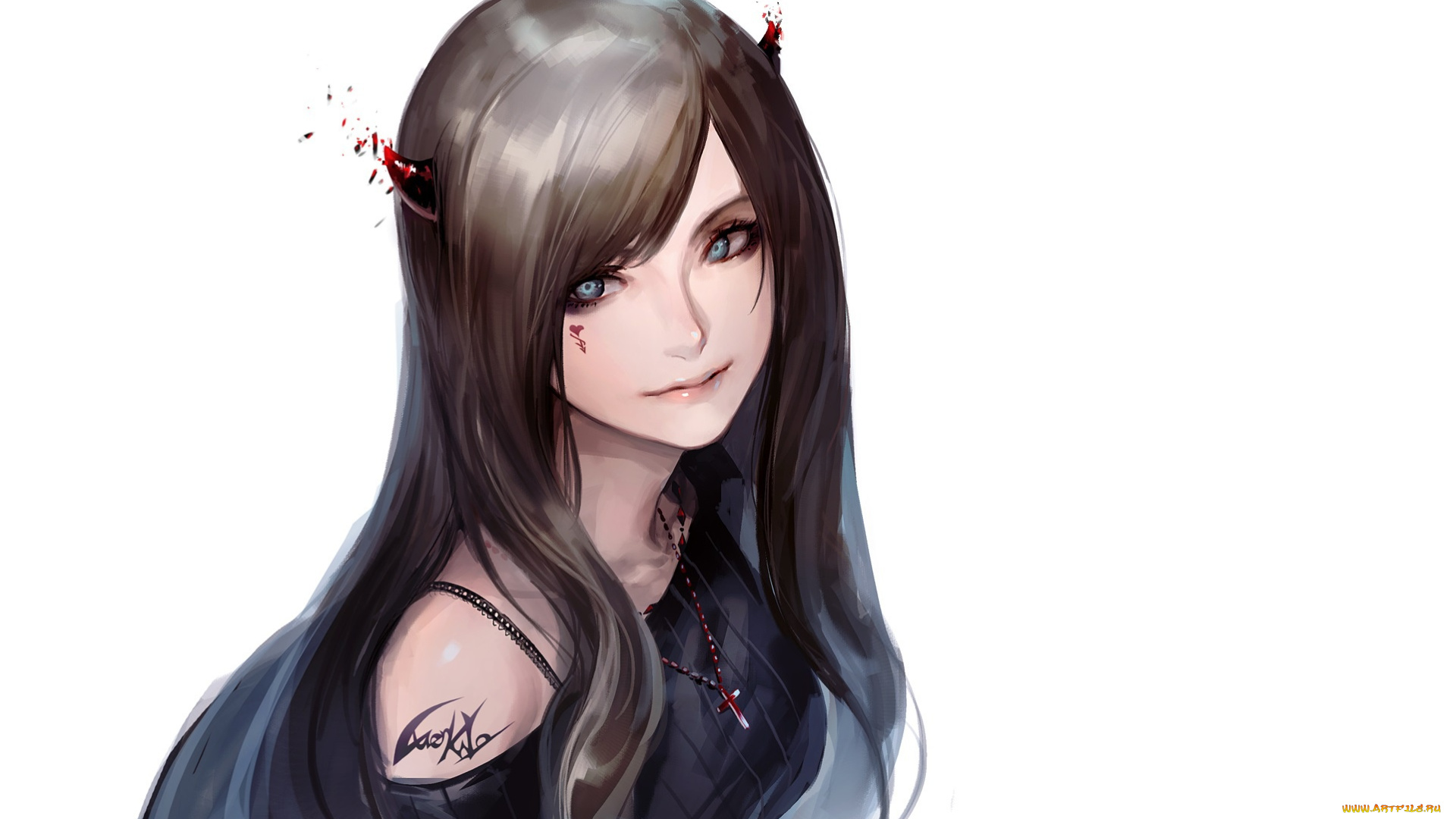 аниме, ангелы, , демоны, рожки, art, белый, фон, арт, девушка, взгляд