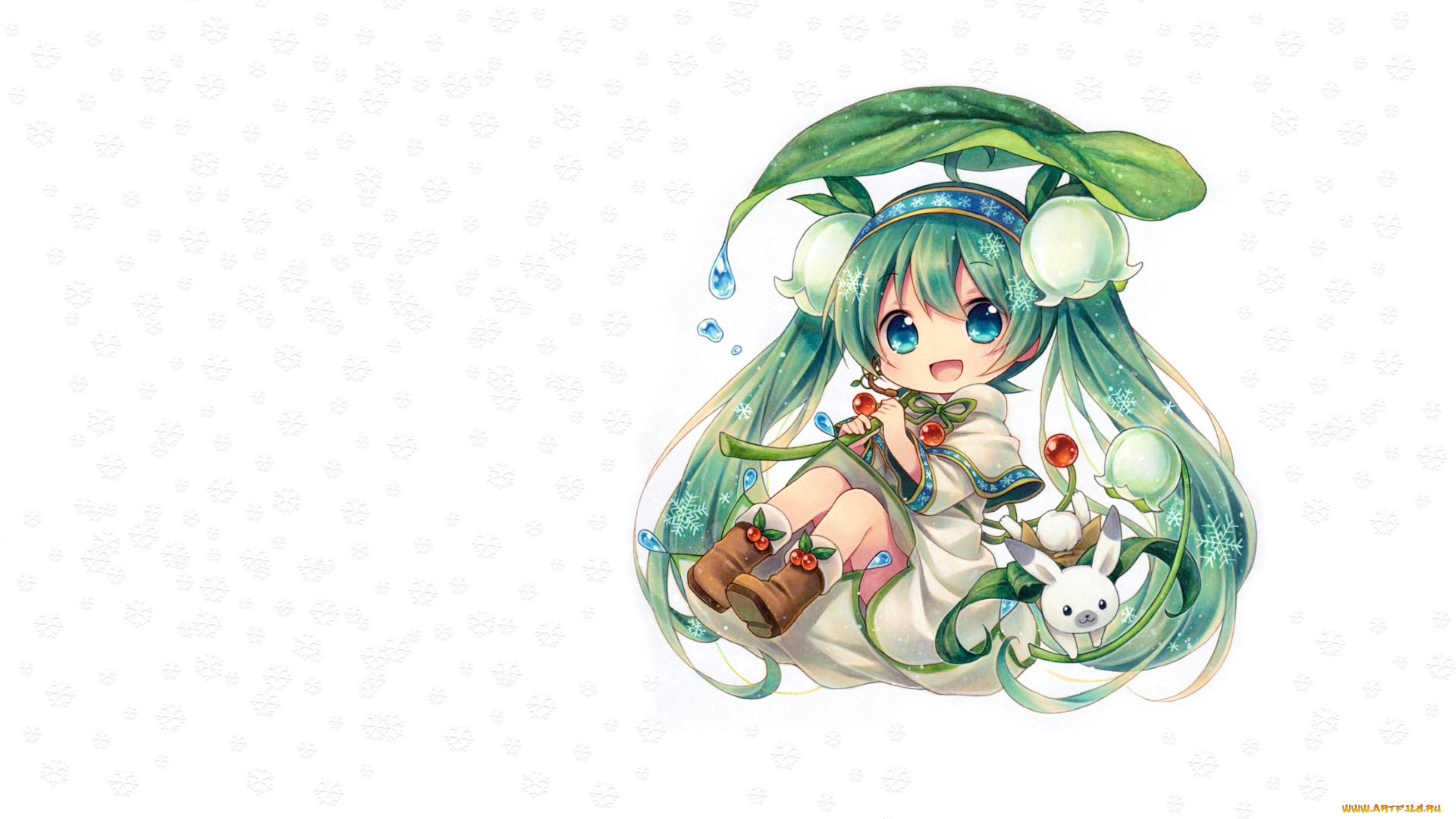 аниме, vocaloid, весна, spring, miku, мику, зайчик, чиби, арт, ландыш, вокалоид, снежинки, цветы, девушка