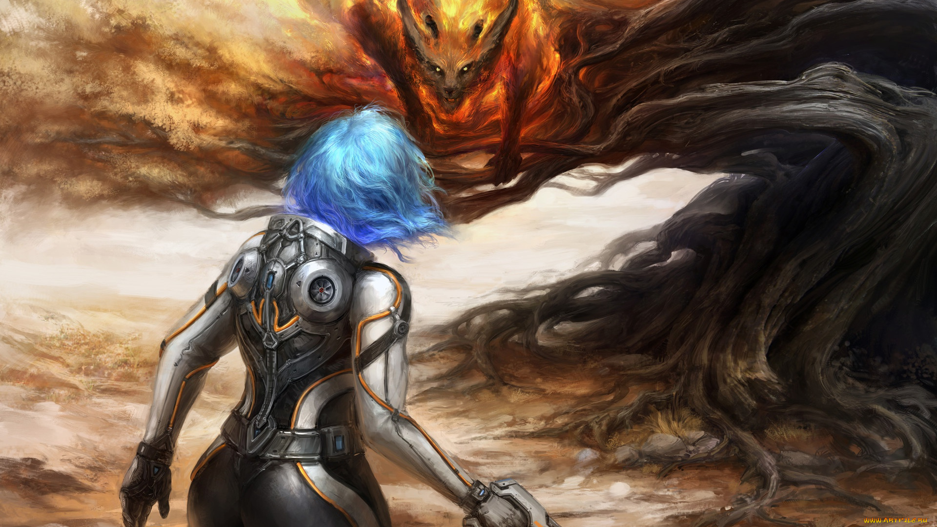 фэнтези, роботы, , киборги, , механизмы, девушка, взгляд, спина, фантастика, костюм, арт, демон, sci-fi