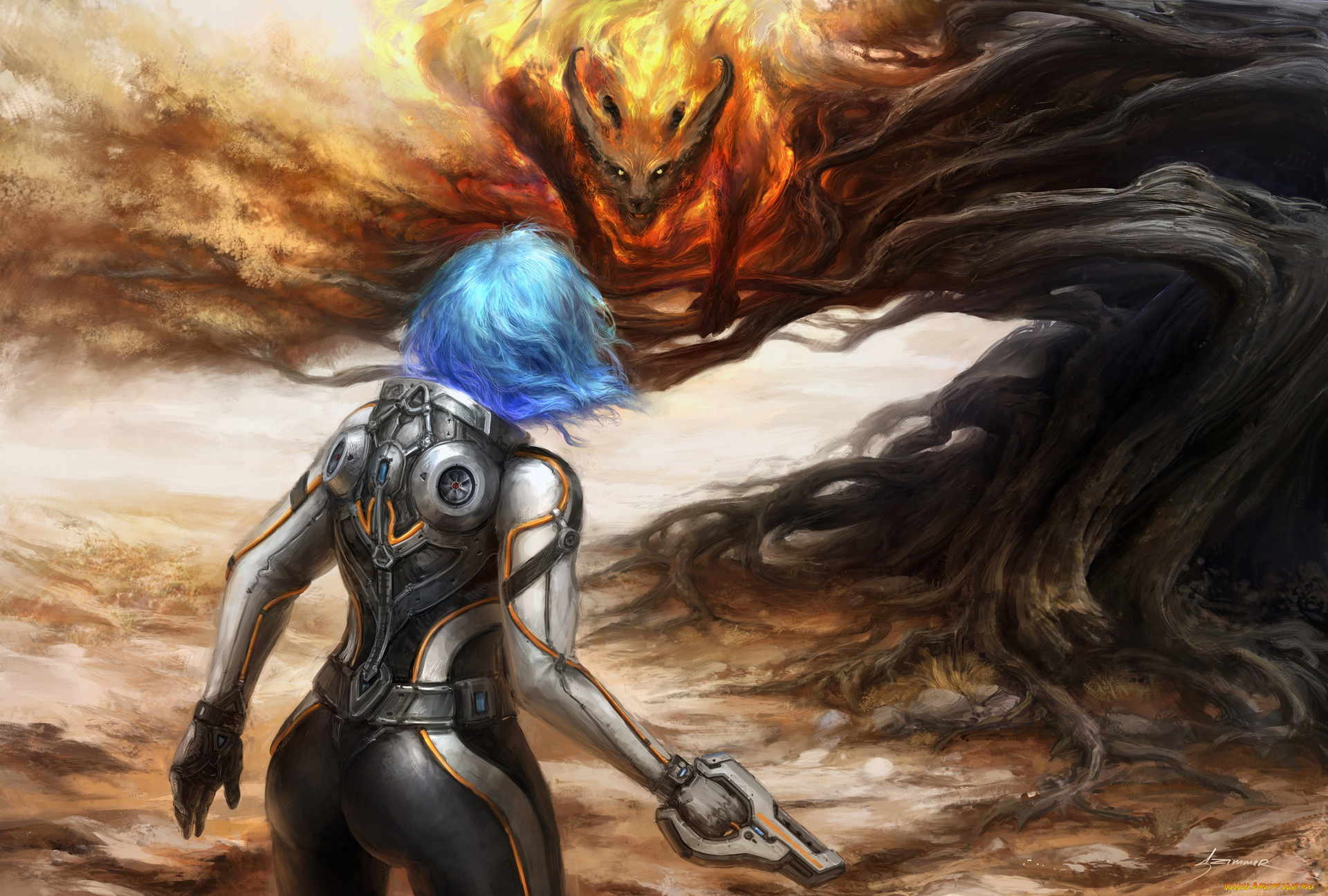 фэнтези, роботы, , киборги, , механизмы, девушка, взгляд, спина, фантастика, костюм, арт, демон, sci-fi