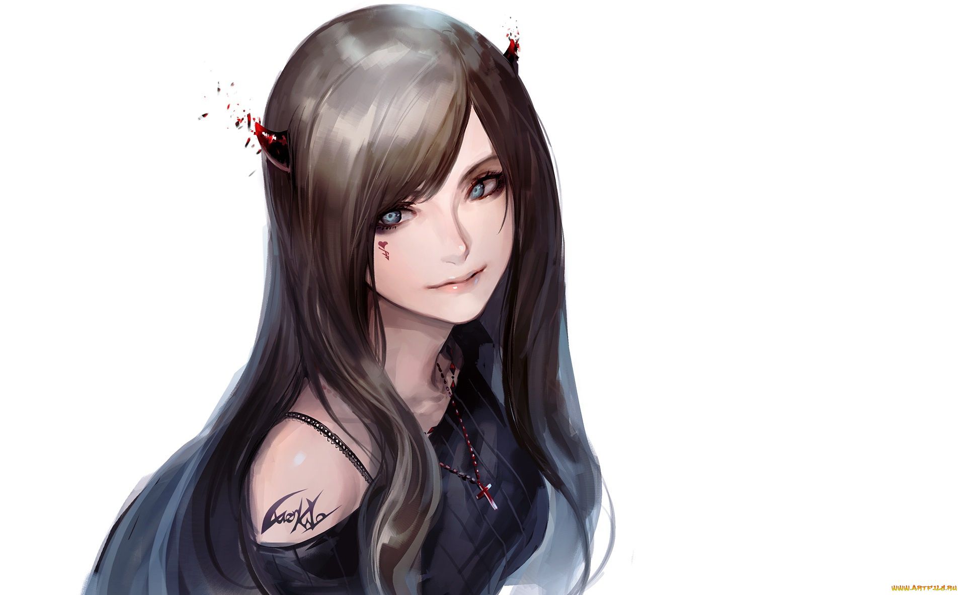 аниме, ангелы, , демоны, рожки, art, белый, фон, арт, девушка, взгляд