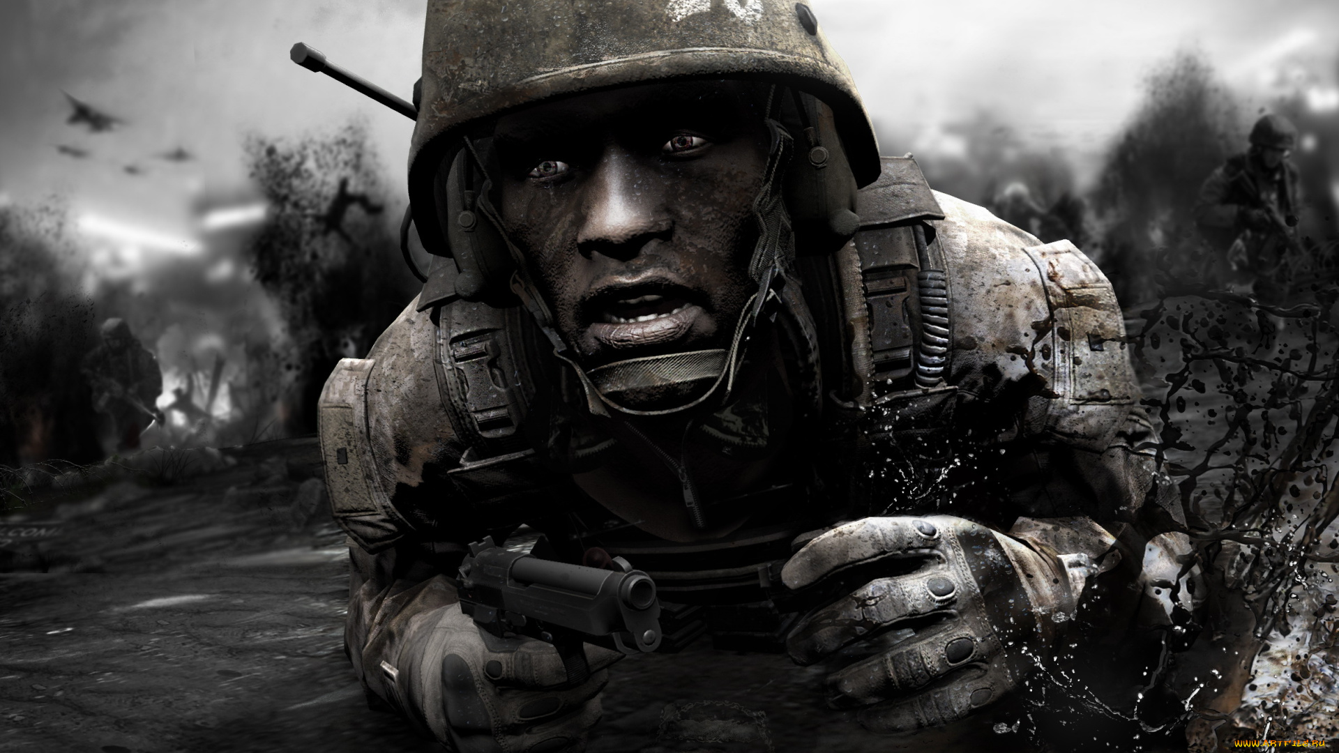 3д, графика, армия, , military, форма, пистолет, каска, взгляд, фон, мужчина