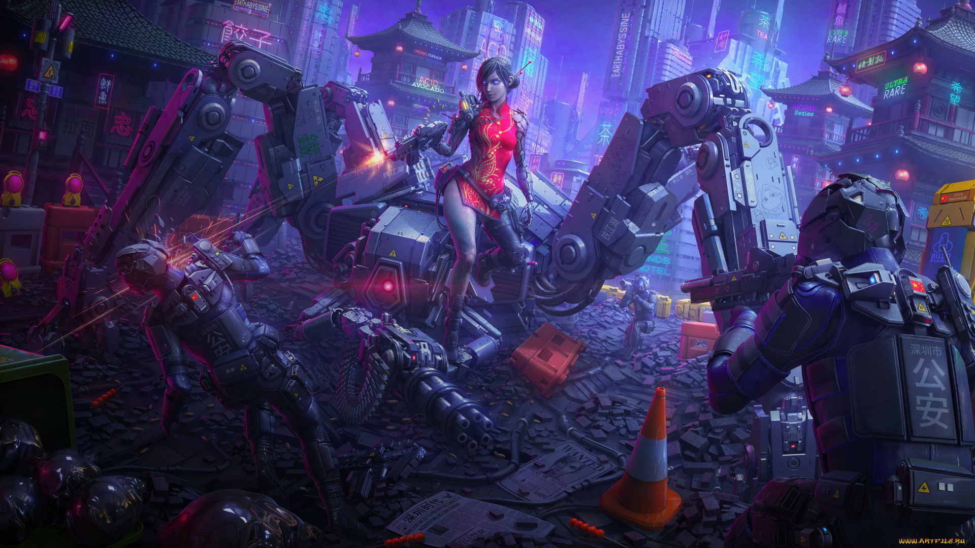 3д, графика, фантазия, , fantasy, роботы, бой, платье, фон, девушка