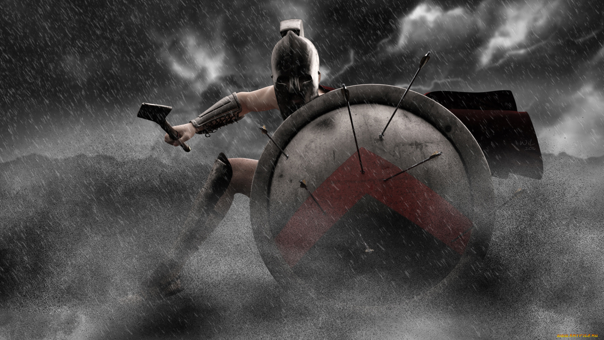 3д, графика, фантазия, , fantasy, стрелы, копьё, шлем, щит, фон, мужчина