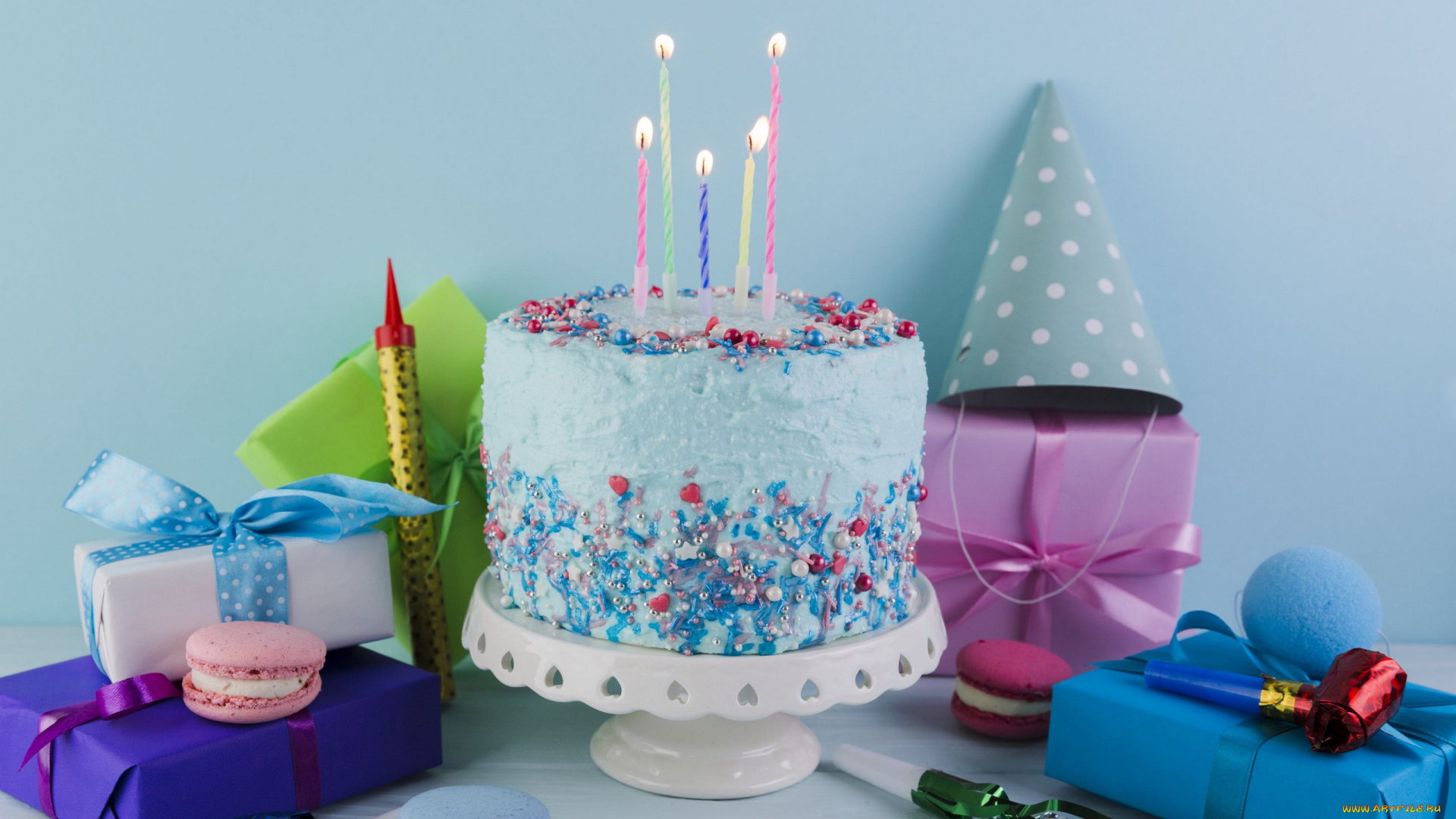 праздничные, день, рождения, торт, подарки, свечи, макаруны