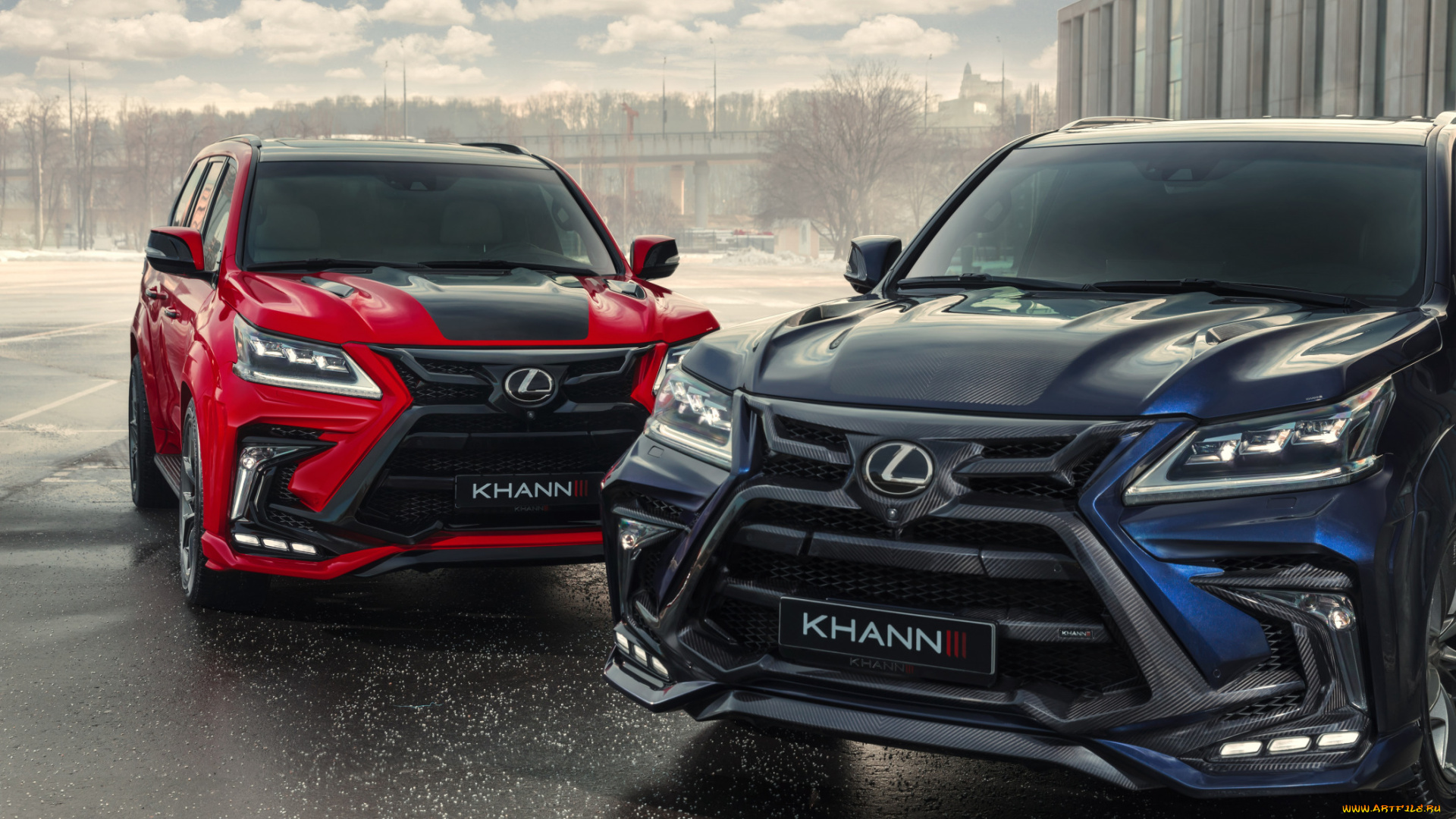 автомобили, lexus, джип, лексус, пара, небо, фон, здание, машина, асфальт, автомобиль, красный, карбон, тюнинг, фары, красная