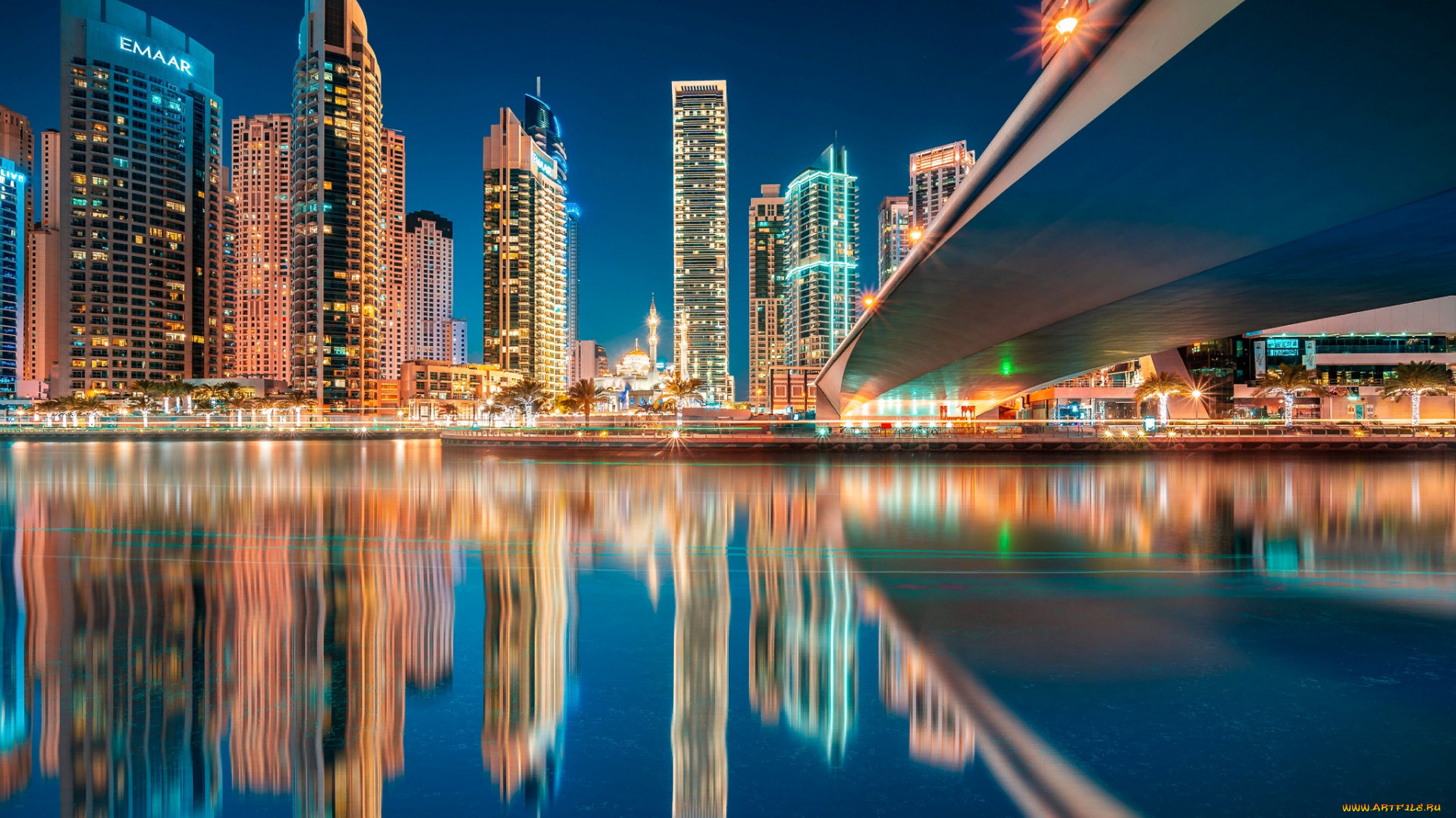 города, дубай, , оаэ, мост, вечер, огни, небоскребы